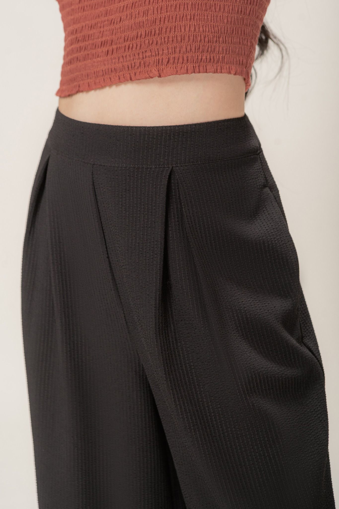  Black Textured Wide Leg Trousers 