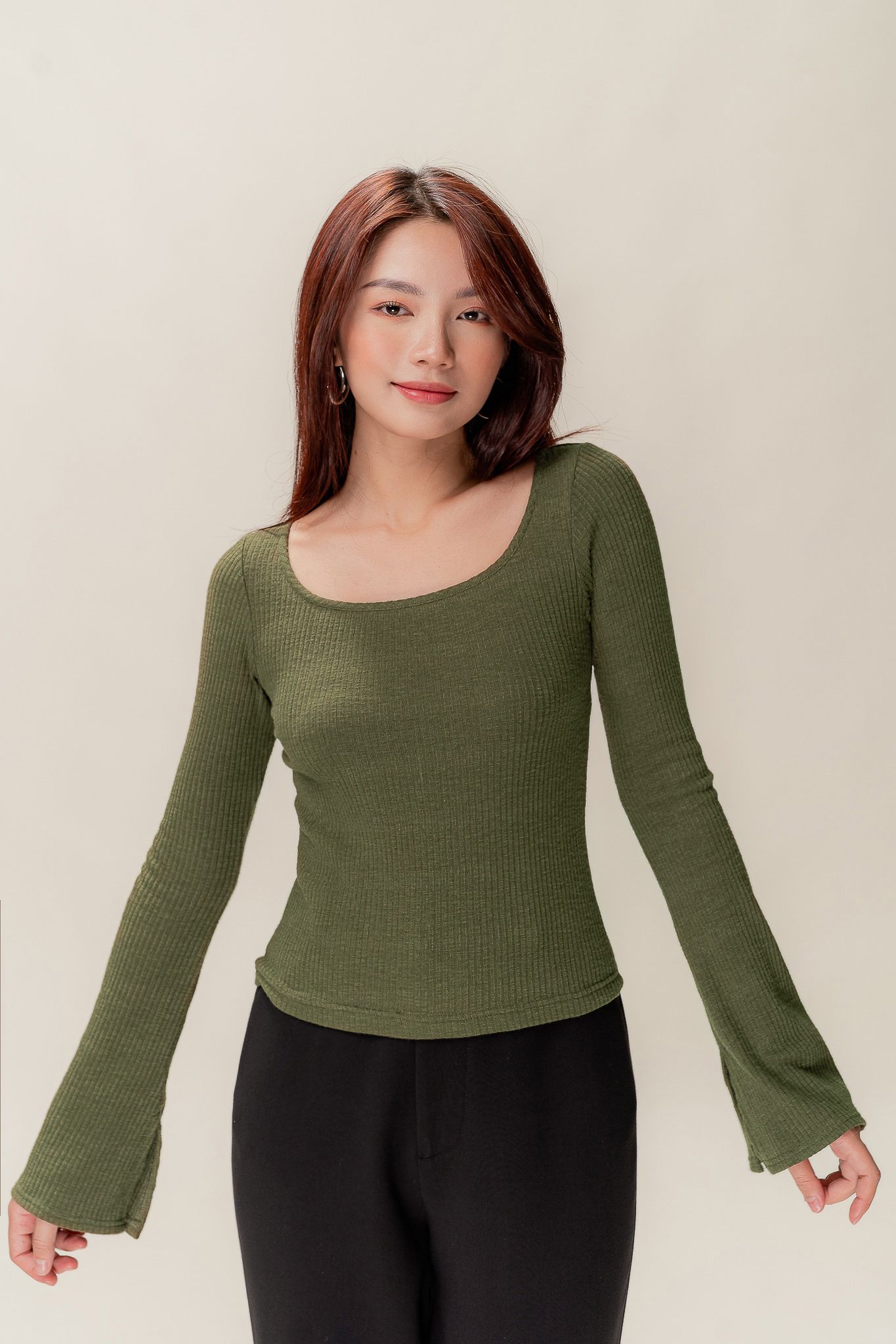  Olive Long Sleeve Cut Out Top 