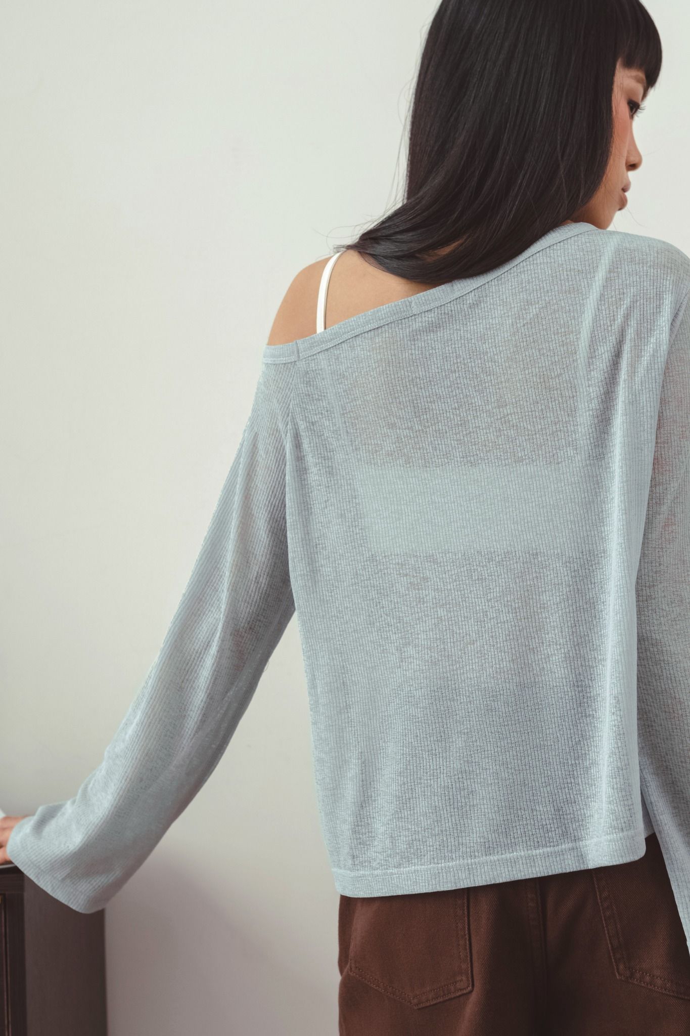  Blue Grey Cuffed Off Shoulder Long Sleeve Sheer Top 