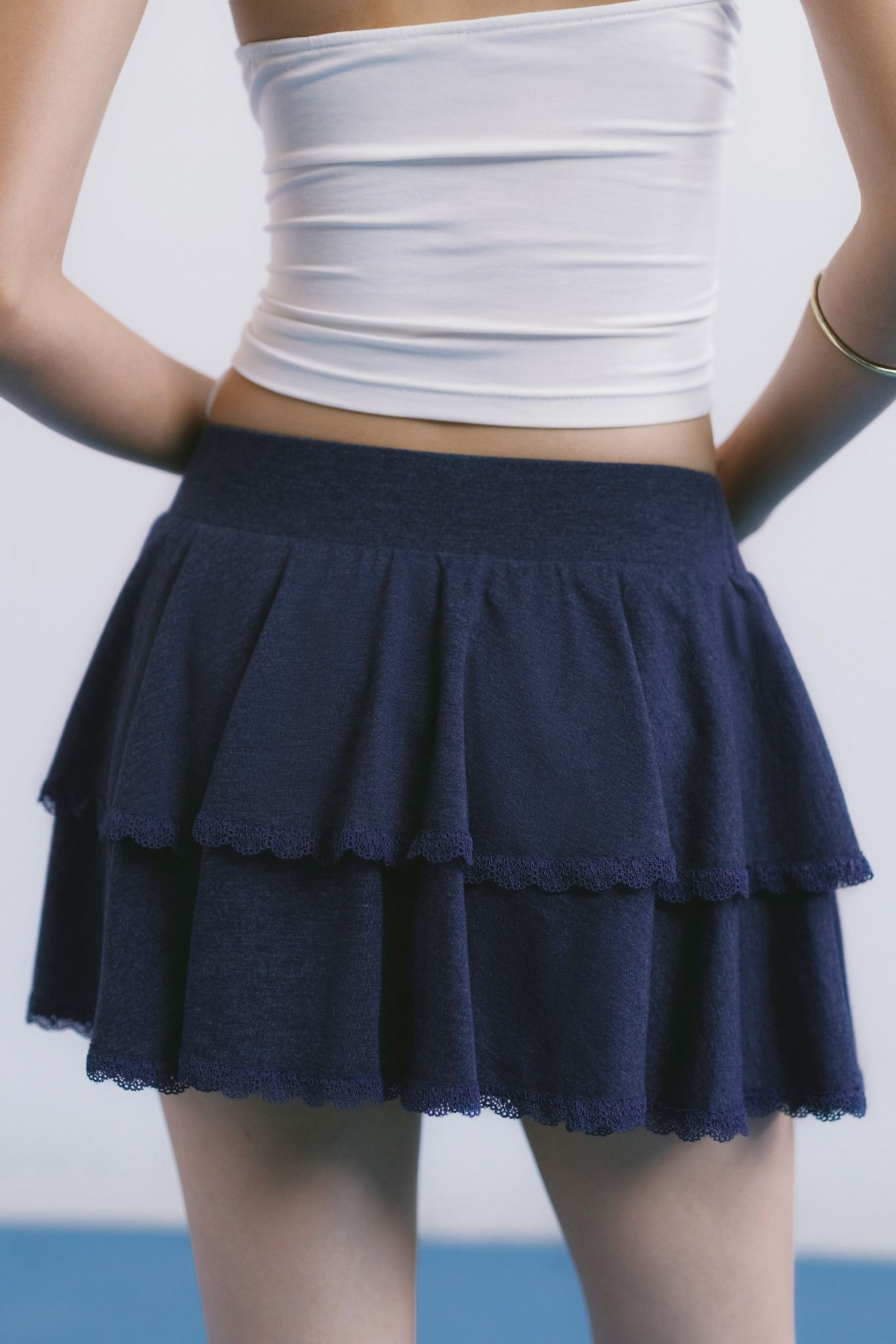  Navy Lace Trimming Mini Skirt 