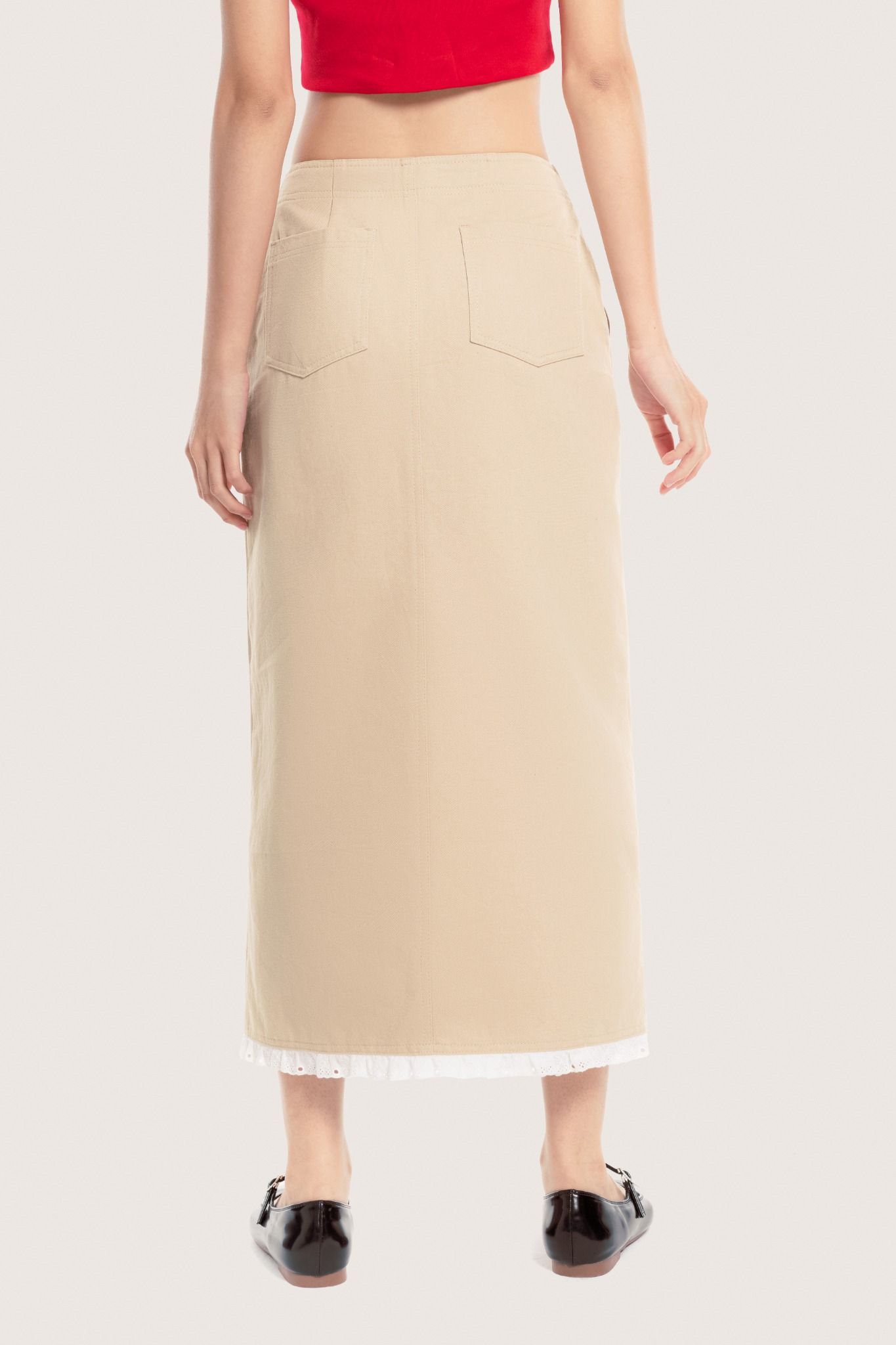  Beige Lace Trimming Khaki Midi Skirt 