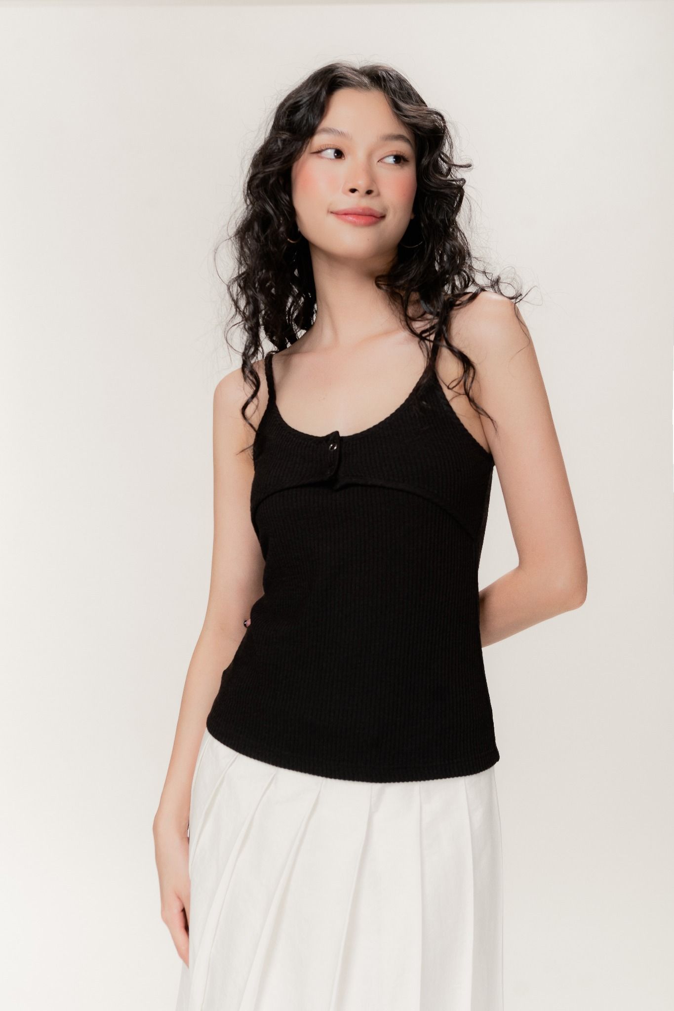  Black Ribbed Cami Top With Button Detail 