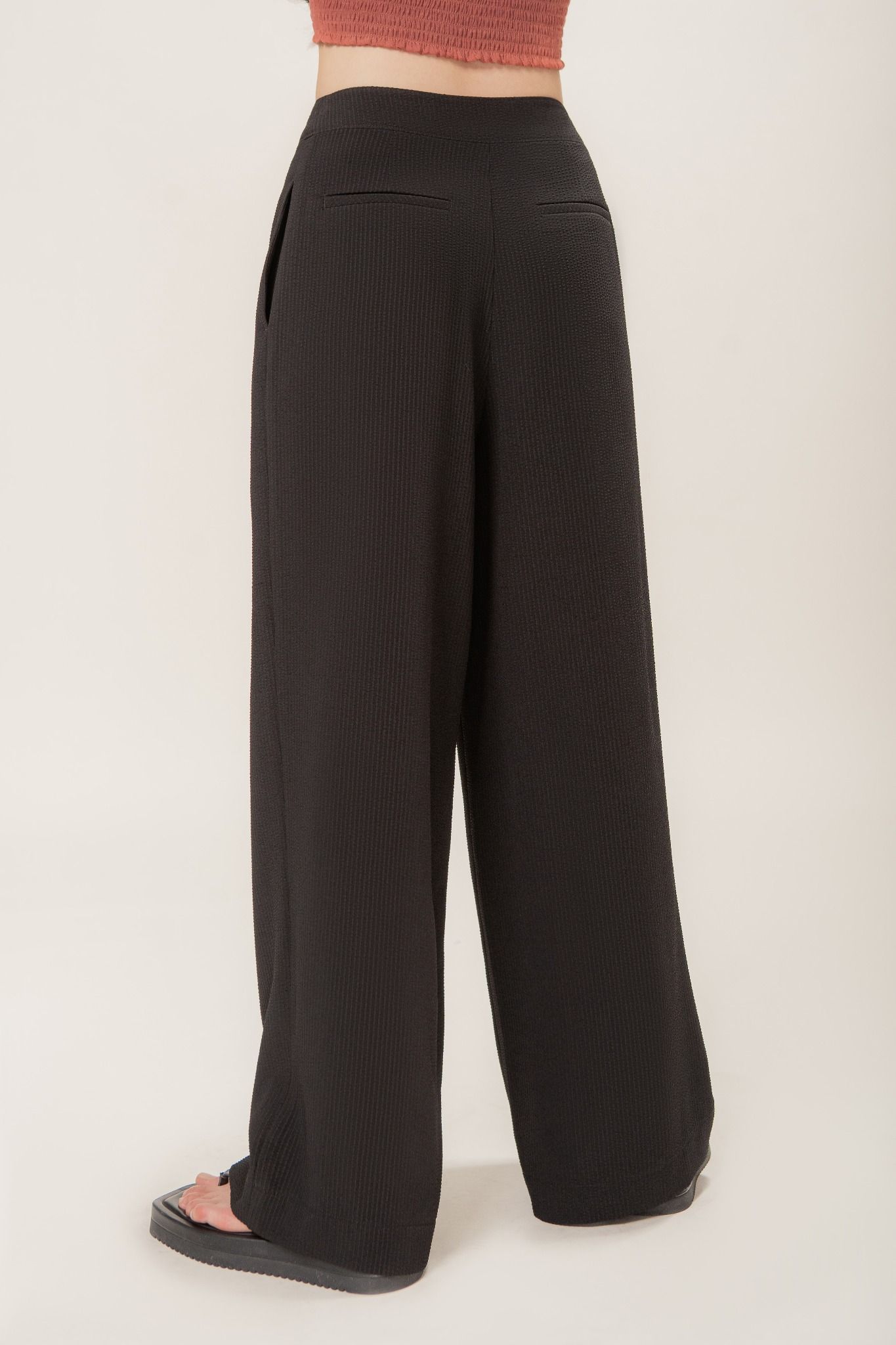  Black Textured Wide Leg Trousers 