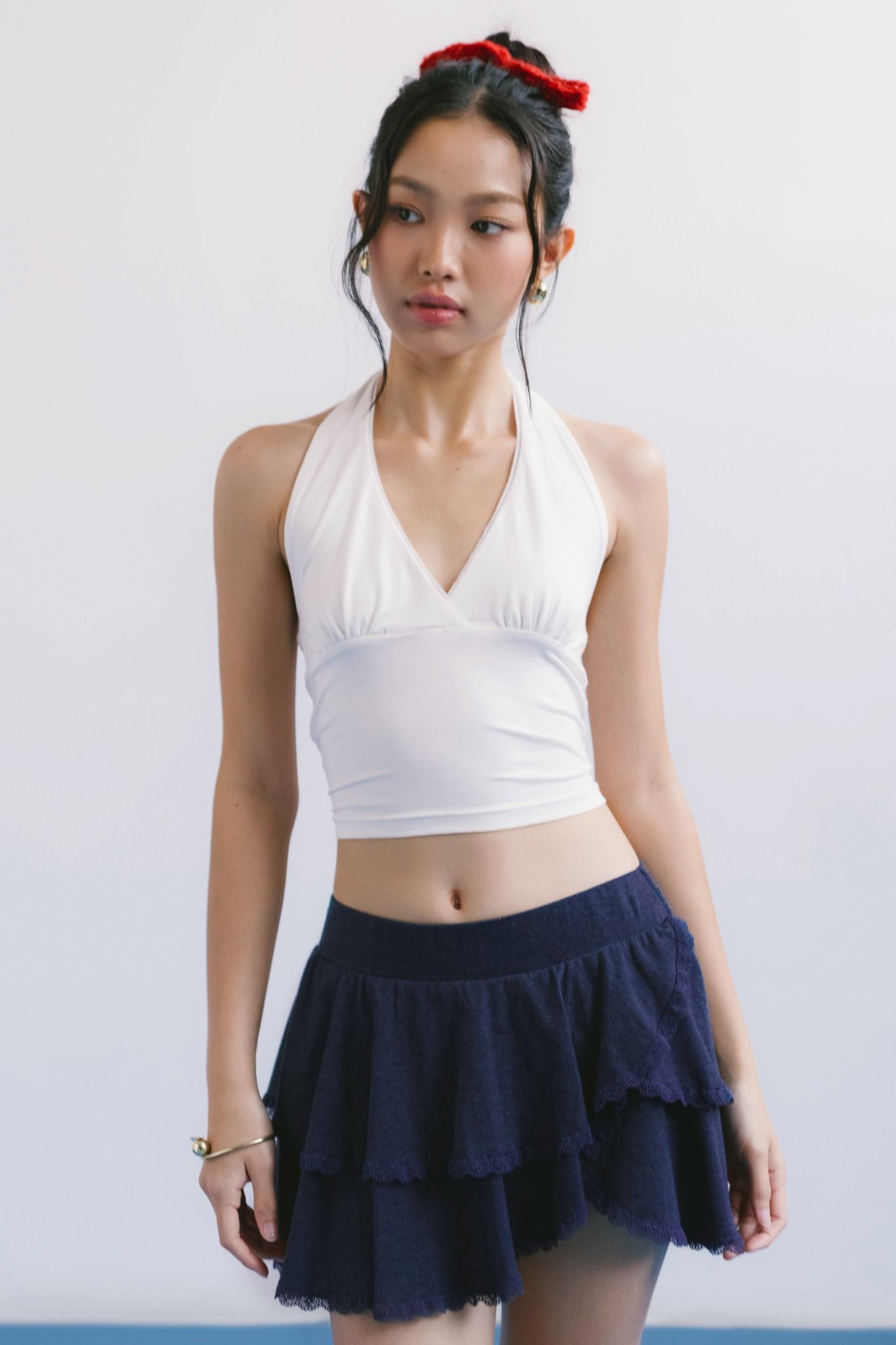  White V-Neck Halter Crop Top 