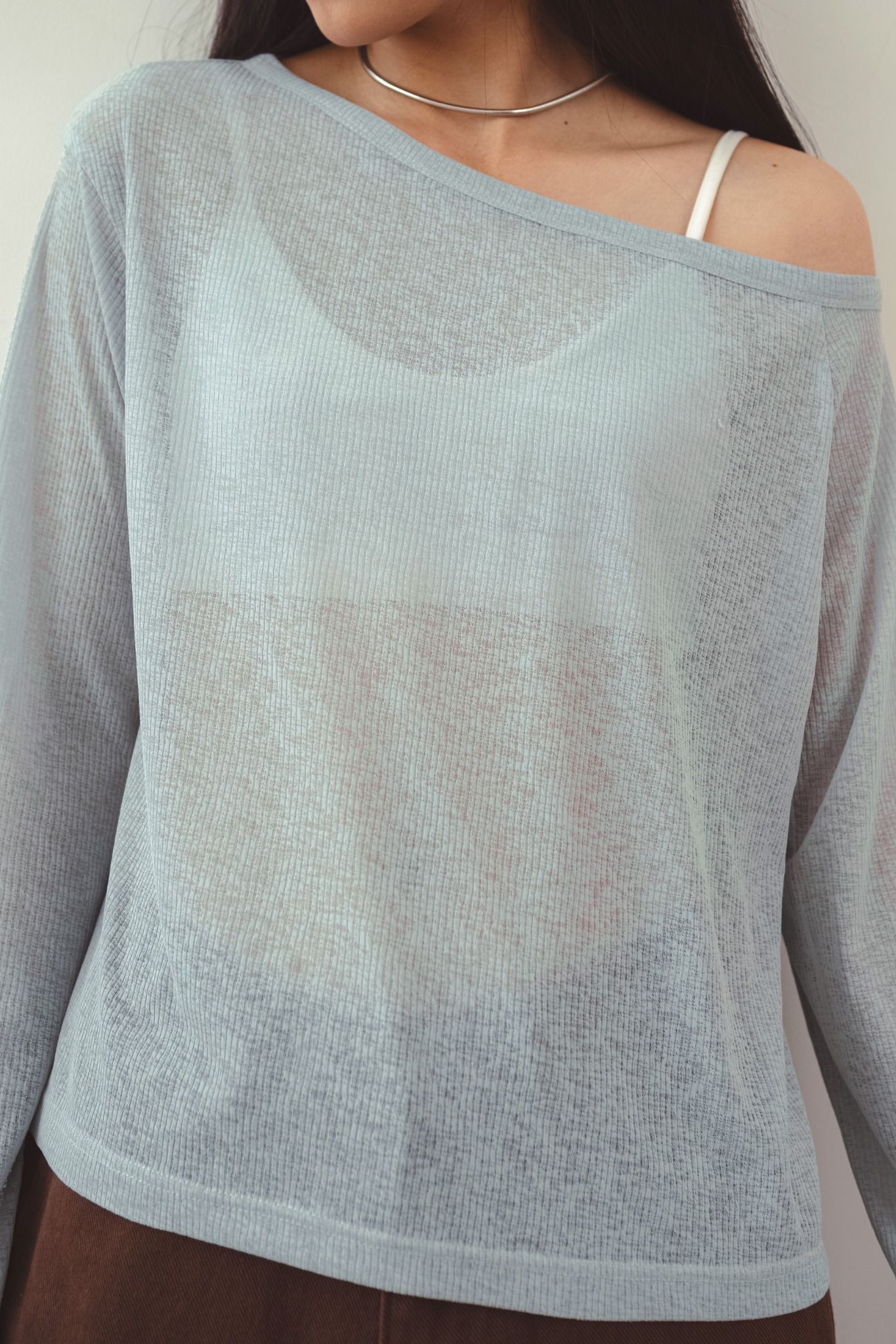  Blue Grey Cuffed Off Shoulder Long Sleeve Sheer Top 