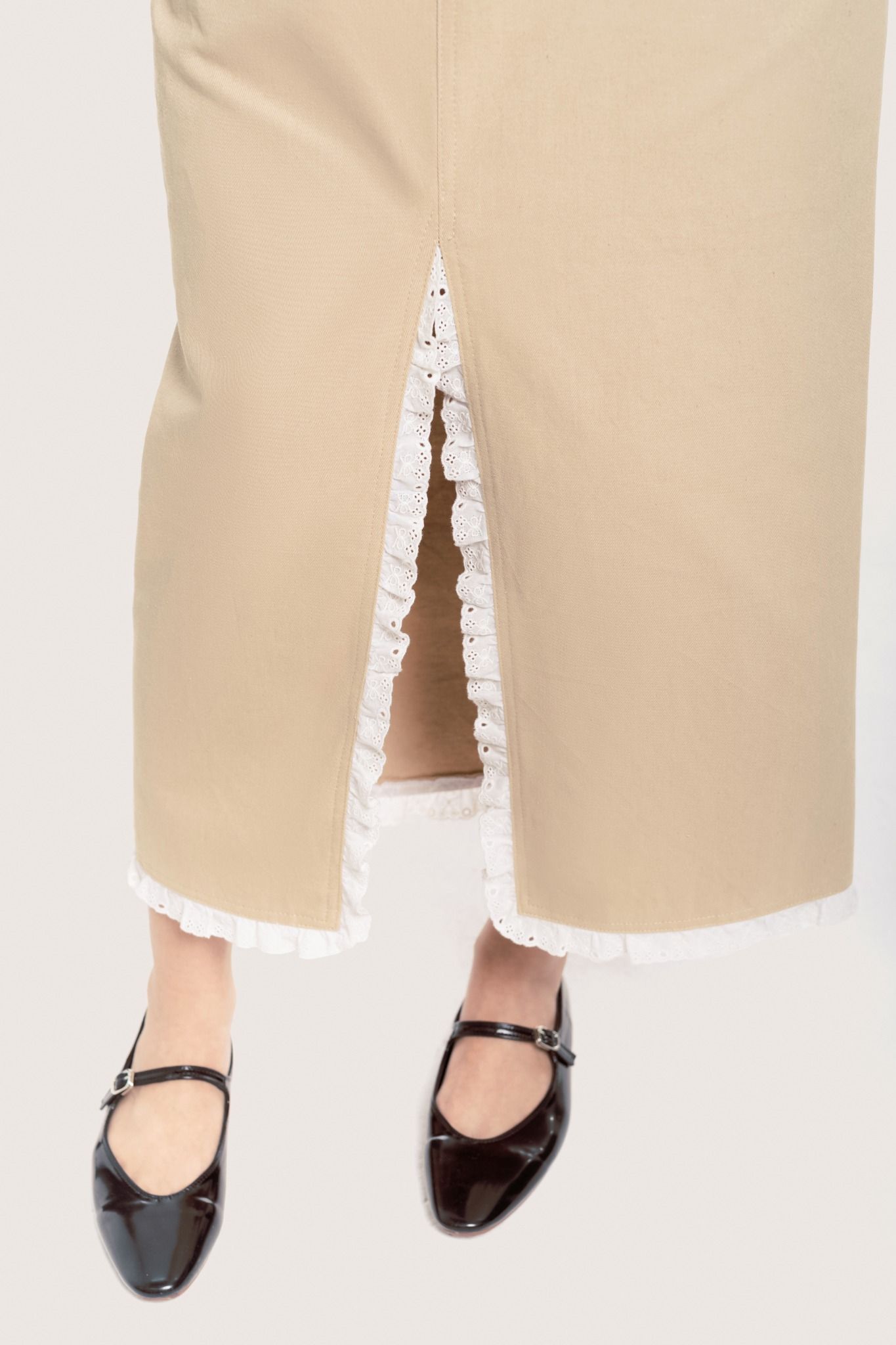  Beige Lace Trimming Khaki Midi Skirt 