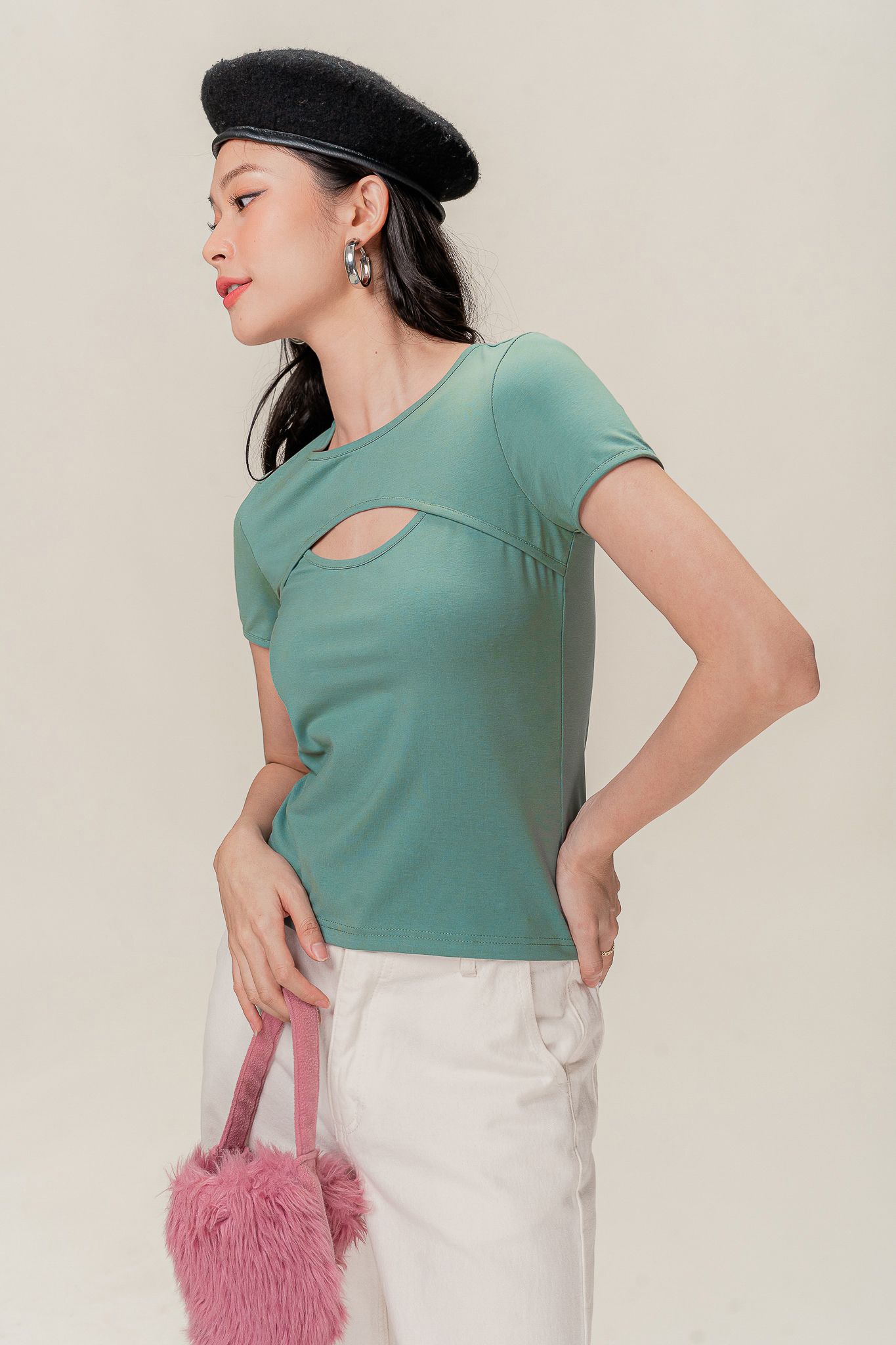  Green Cut Out Short Sleeve Top 