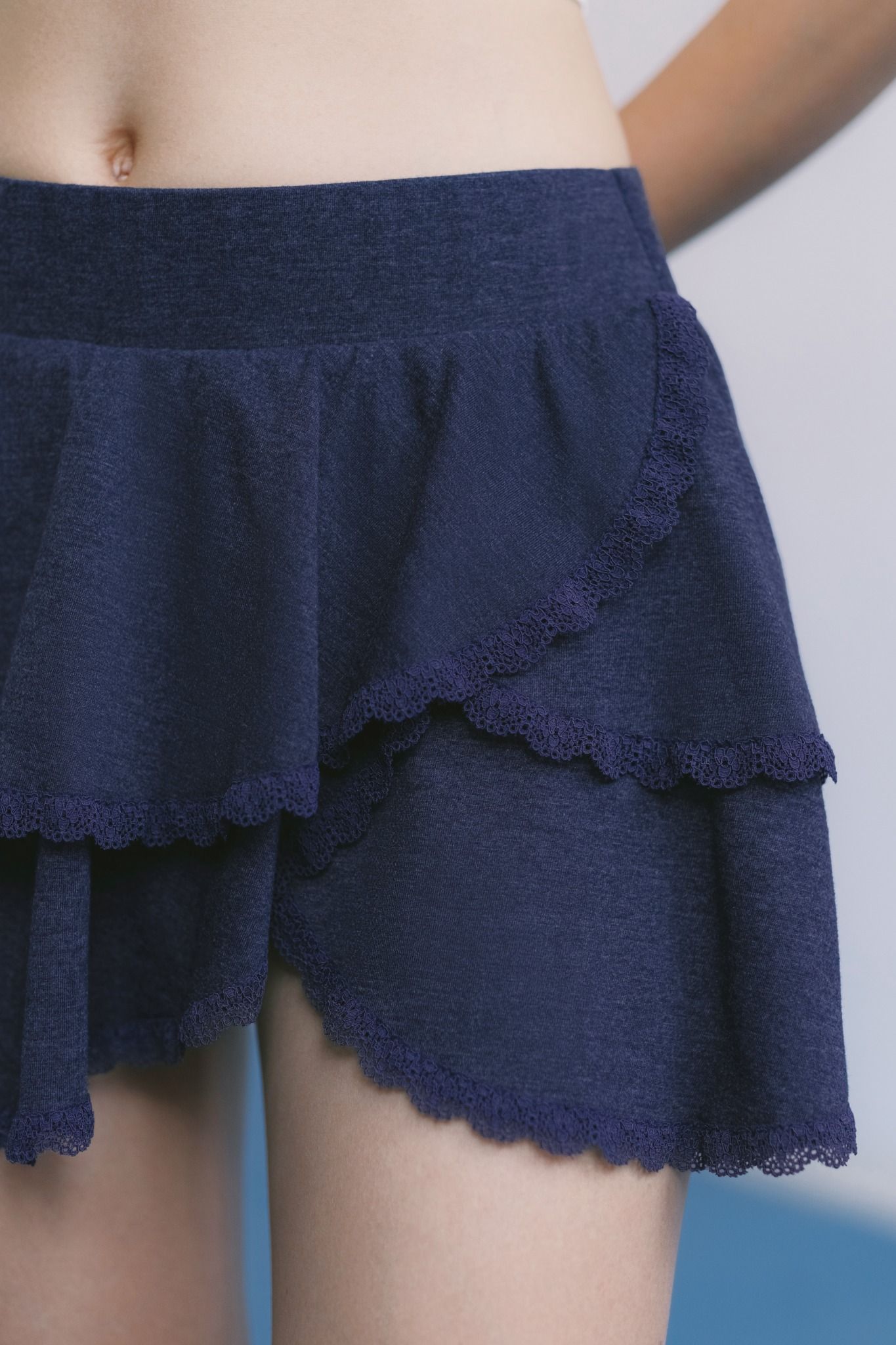  Navy Lace Trimming Mini Skirt 