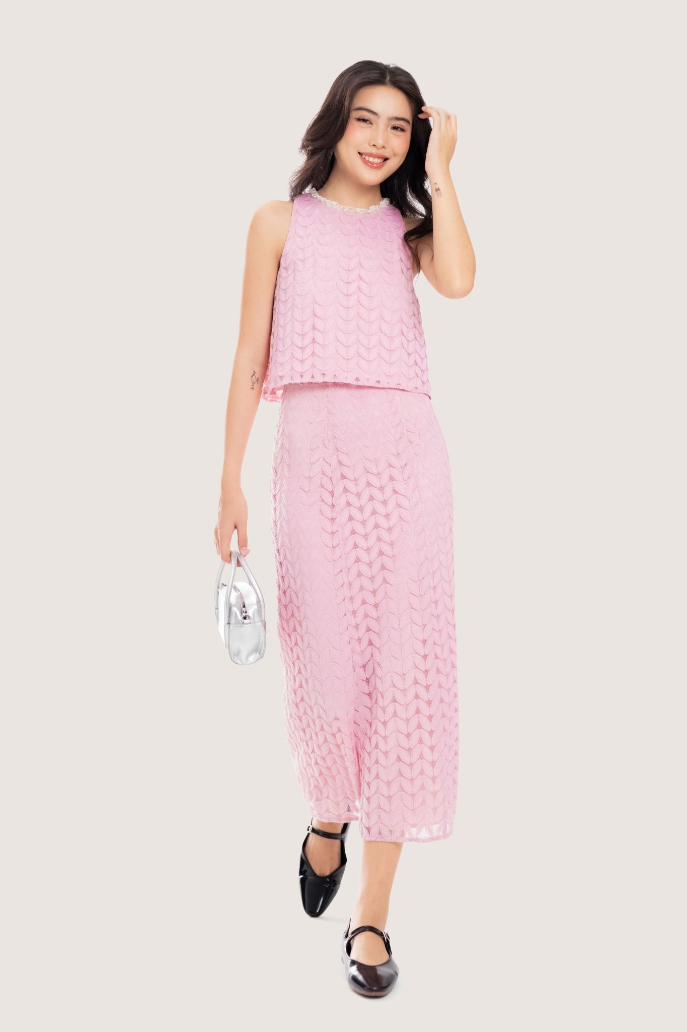  Bubble Gum Pink Lace Trimming Midi Skirt 