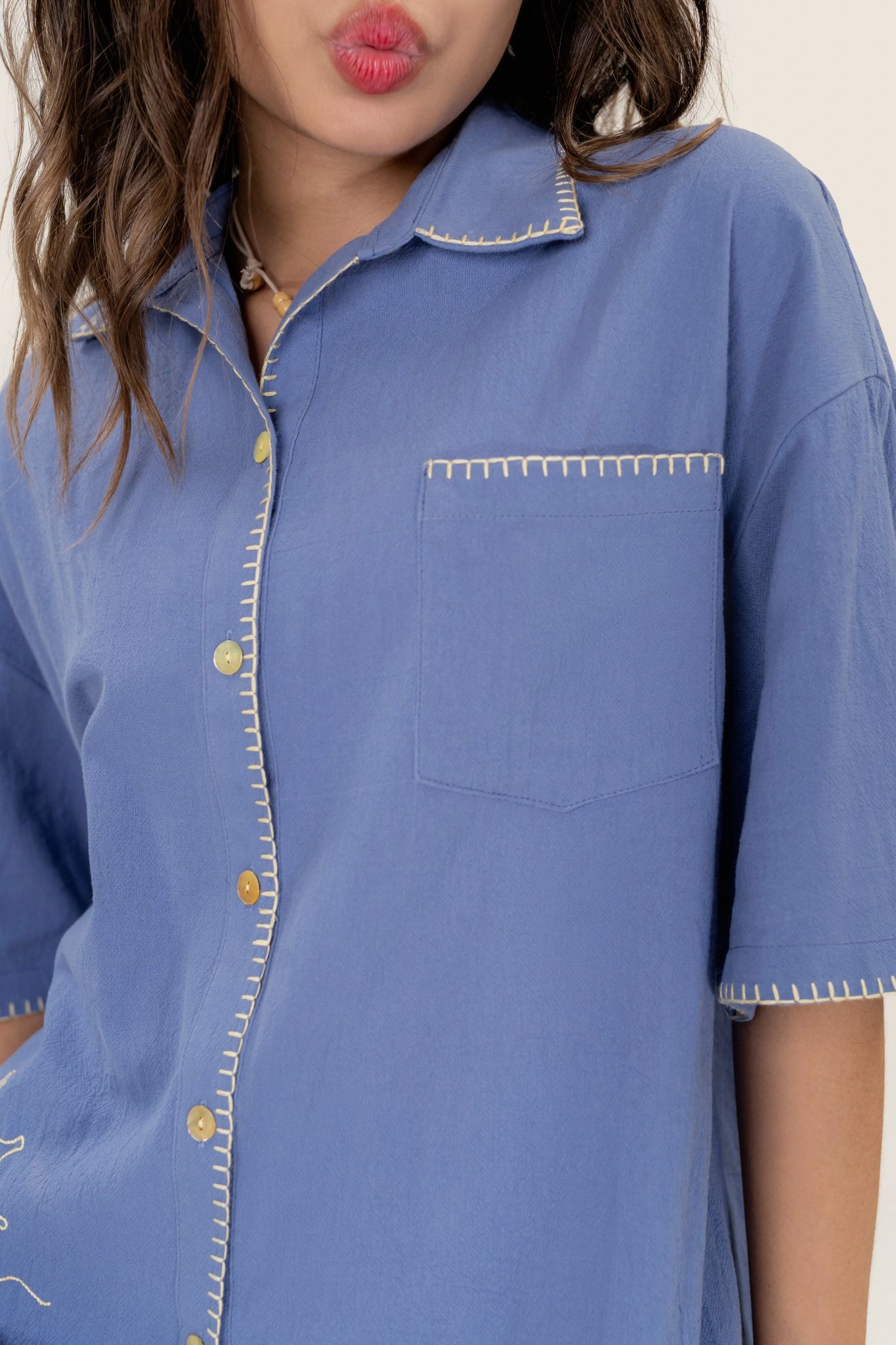  Blue Waves Embroidered Short Sleeve Shirt 