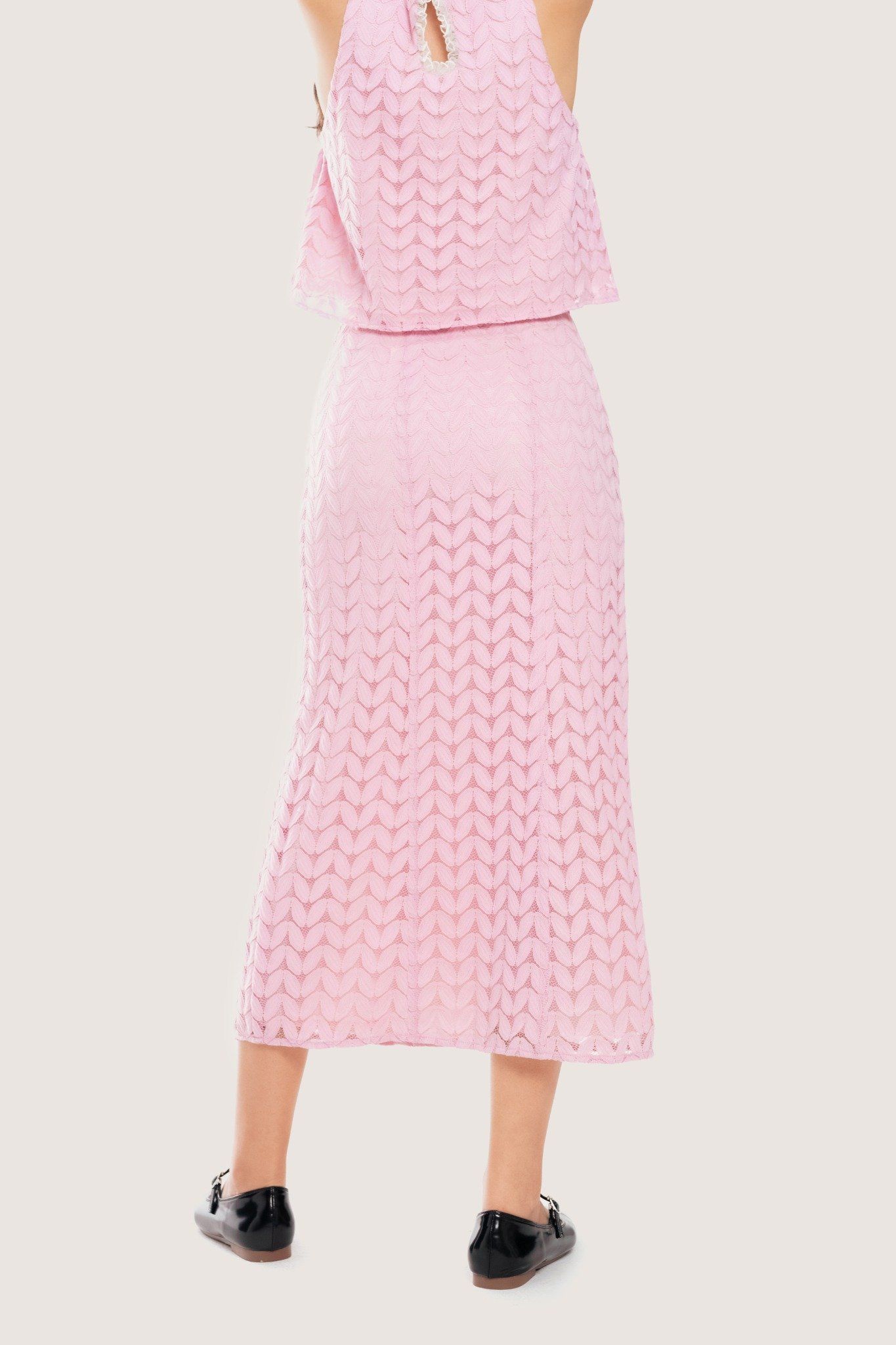  Bubble Gum Pink Lace Trimming Midi Skirt 