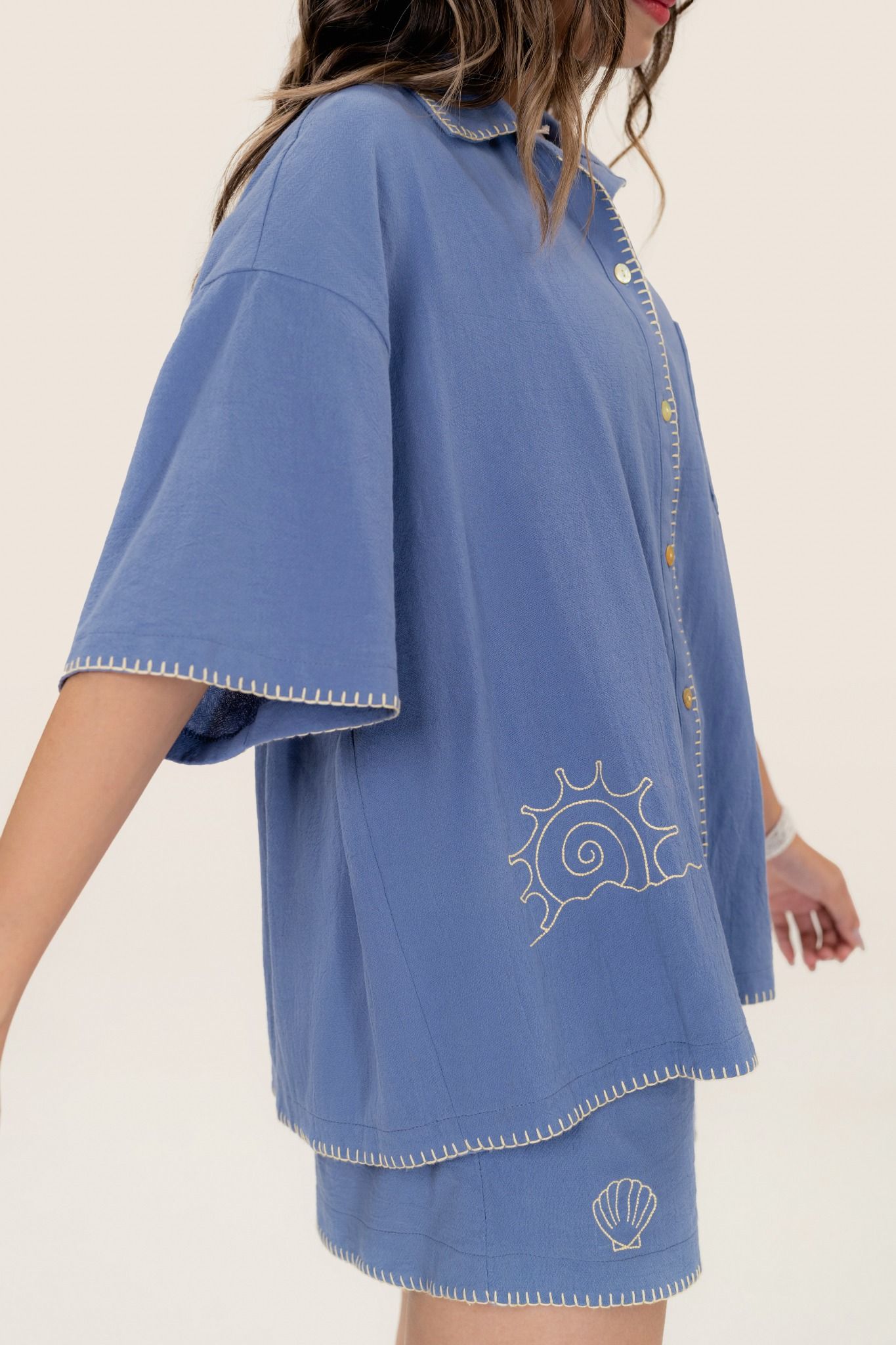  Blue Waves Embroidered Short Sleeve Shirt 