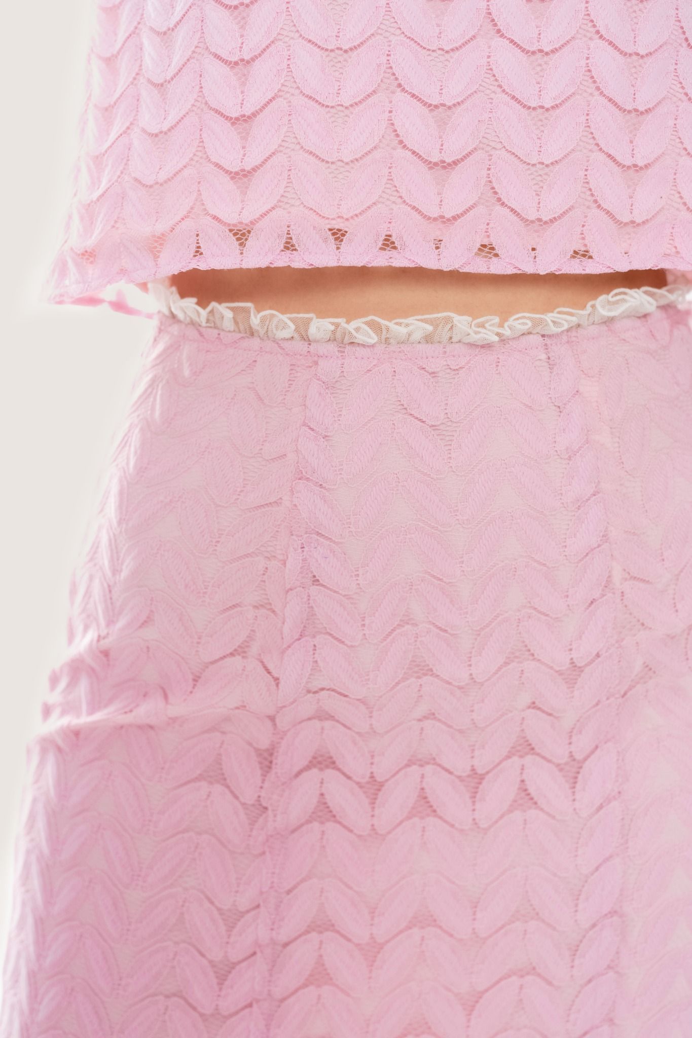  Bubble Gum Pink Lace Trimming Midi Skirt 