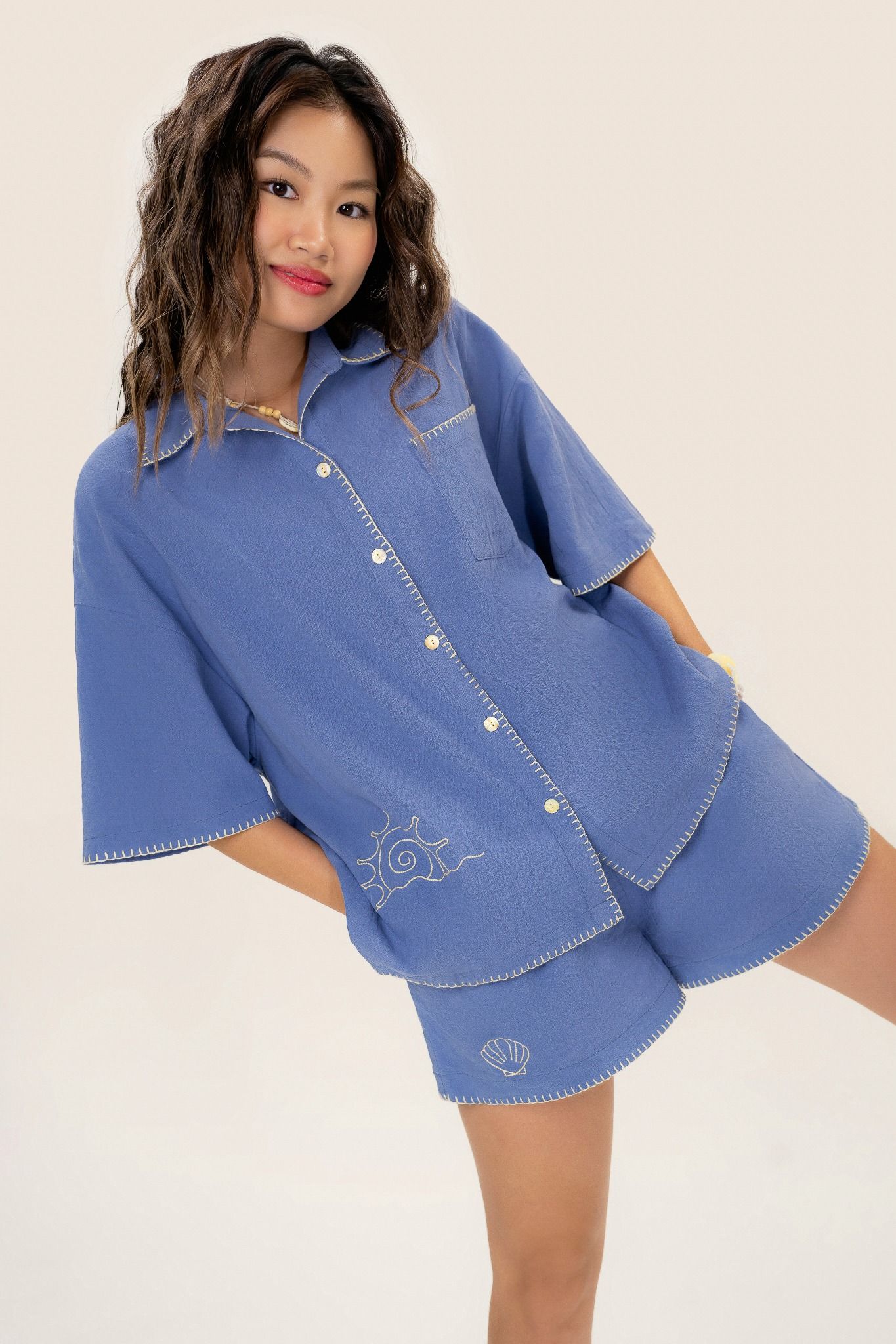  Blue Waves Embroidered Short Sleeve Shirt 