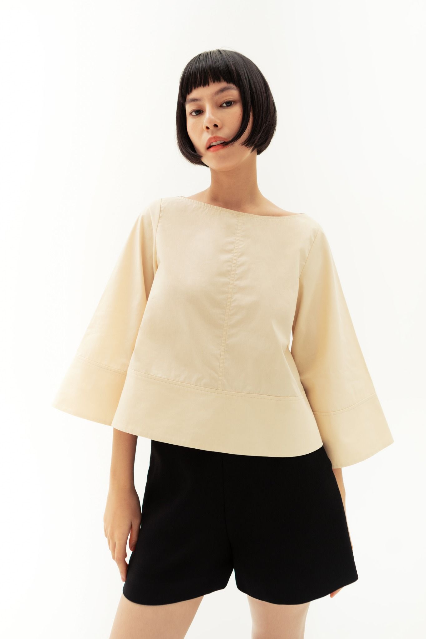  Beige Boat Neck Poplin Top 