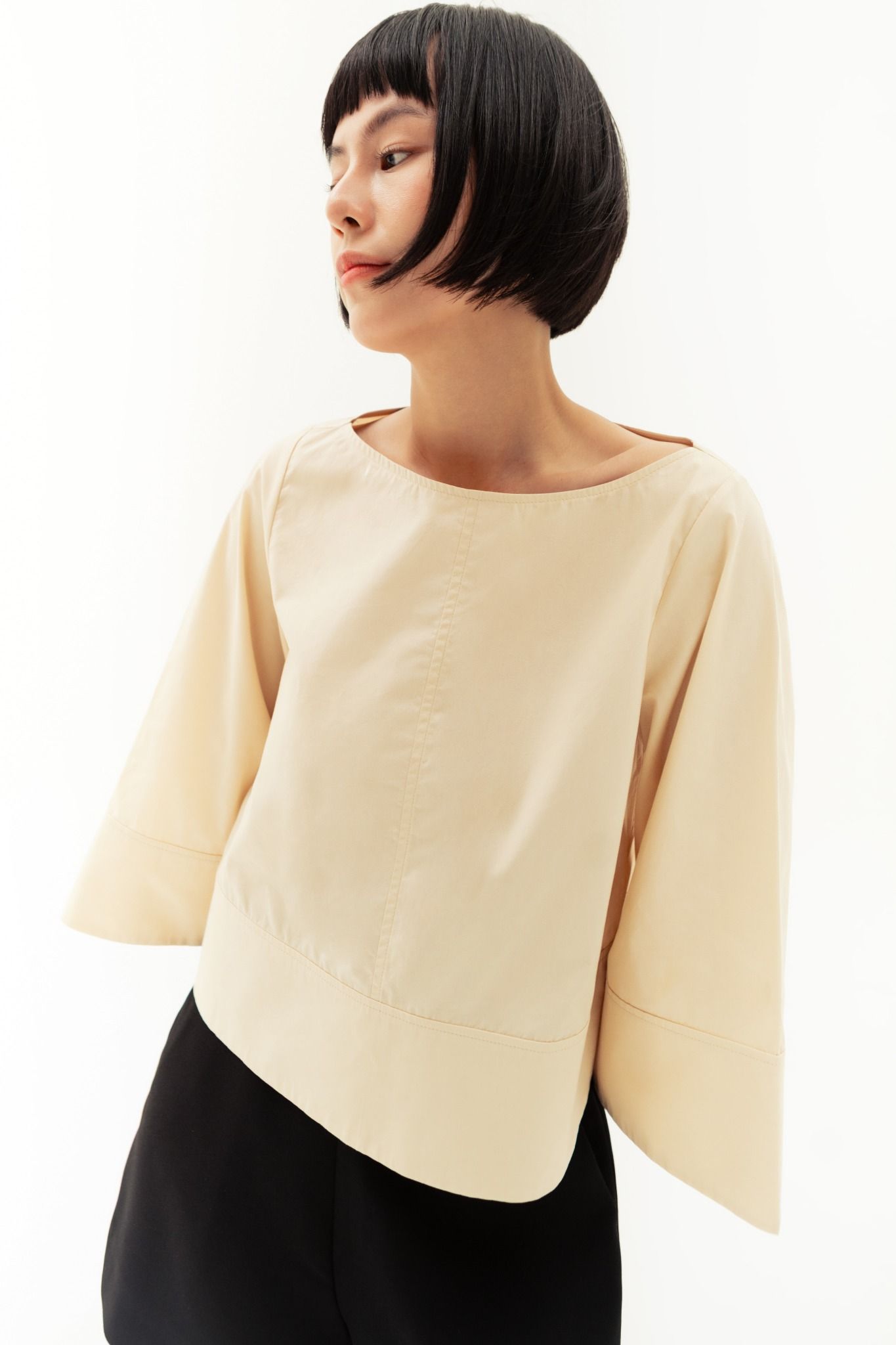 Beige Boat Neck Poplin Top