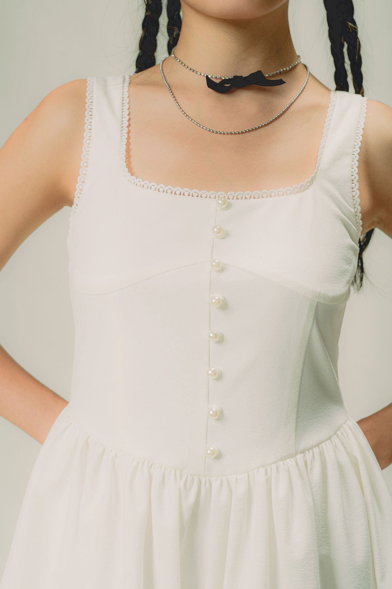  White Mini Dress With Pearl Buttons 