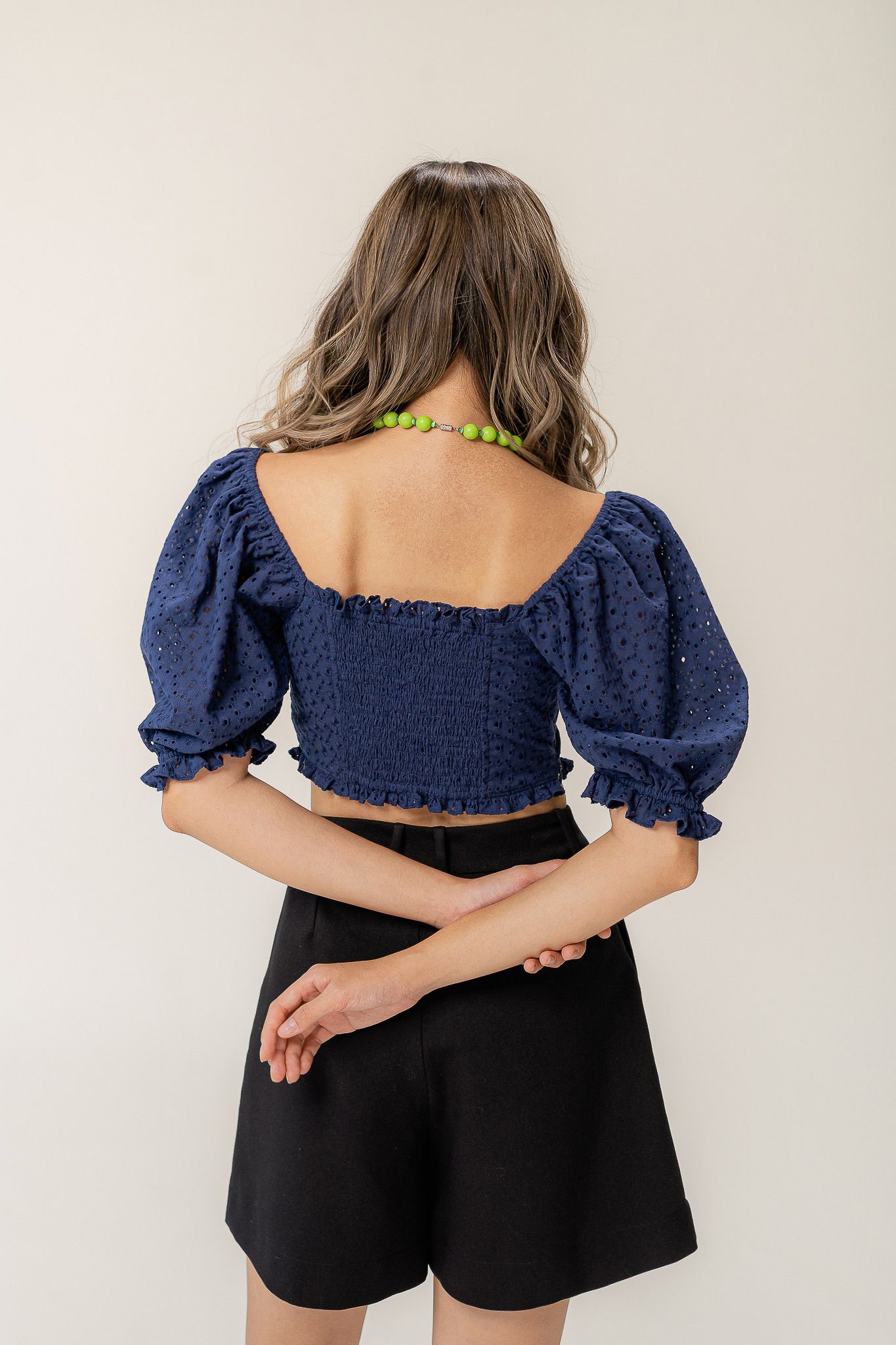  Navy Embroidered Ruched Top 