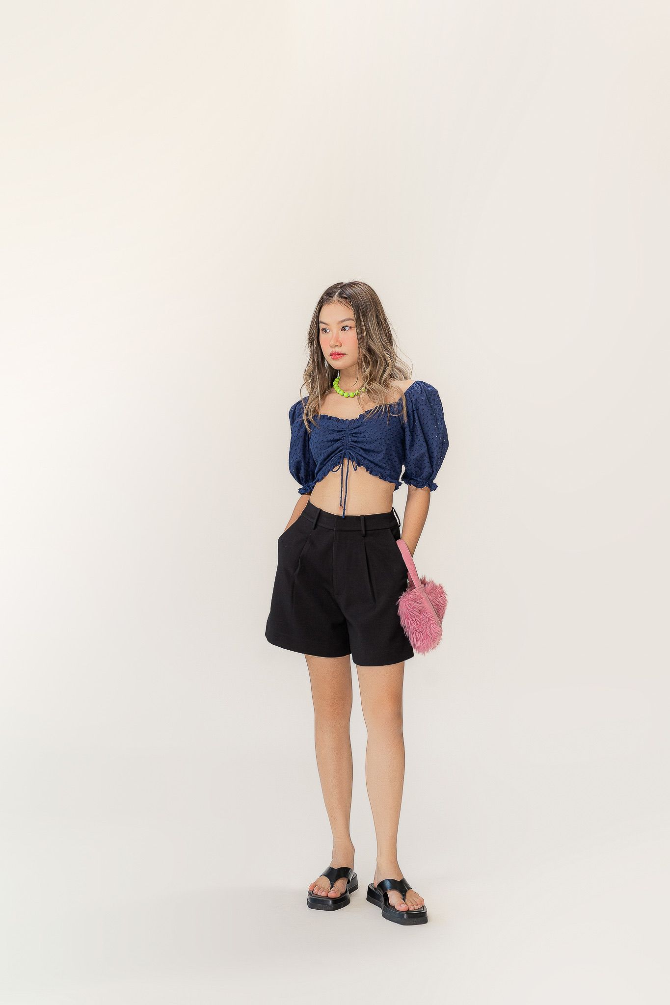  Navy Embroidered Ruched Top 