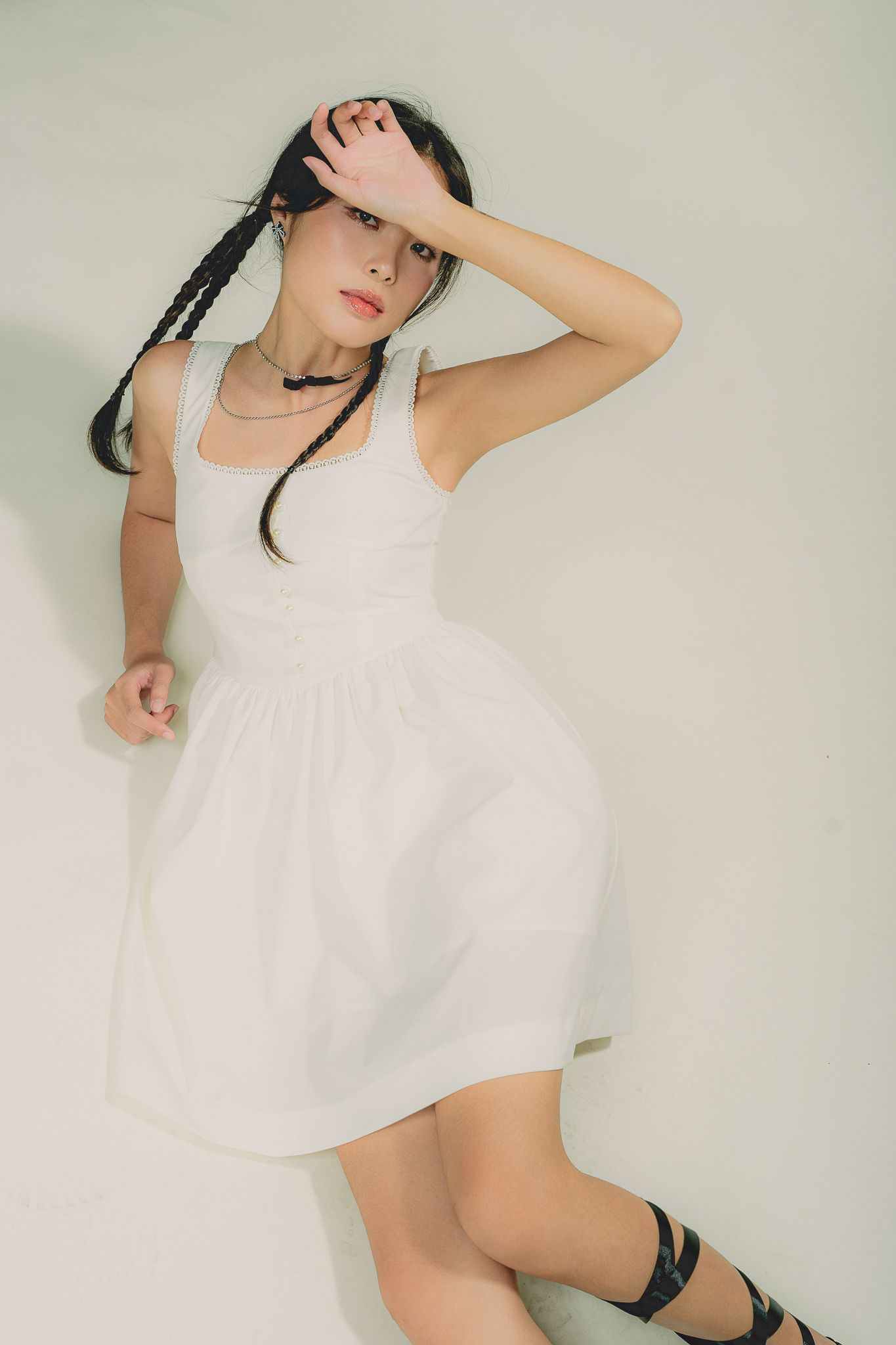  White Mini Dress With Pearl Buttons 