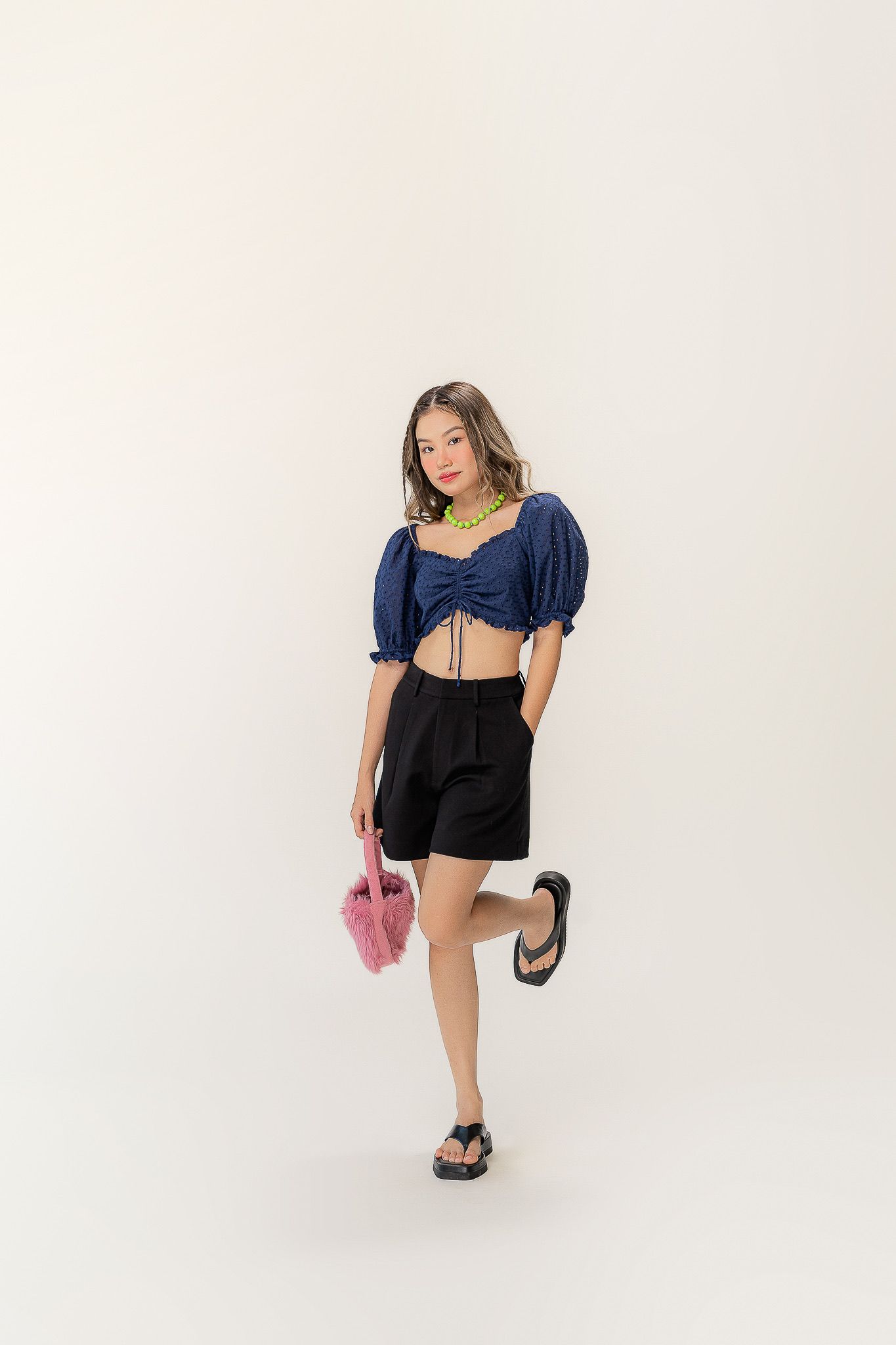  Navy Embroidered Ruched Top 