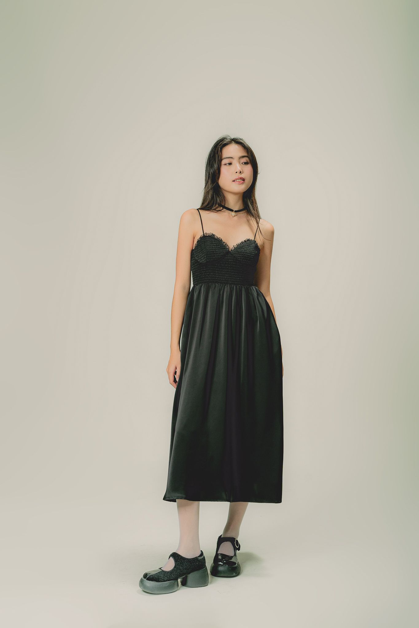  Black Silky Smock Midi Dress 