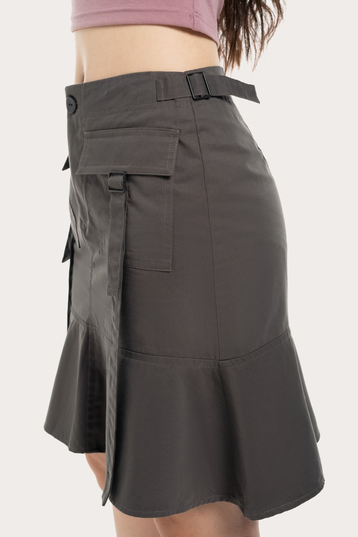  Dark Green Box Pockets Flared Mini Skirt 