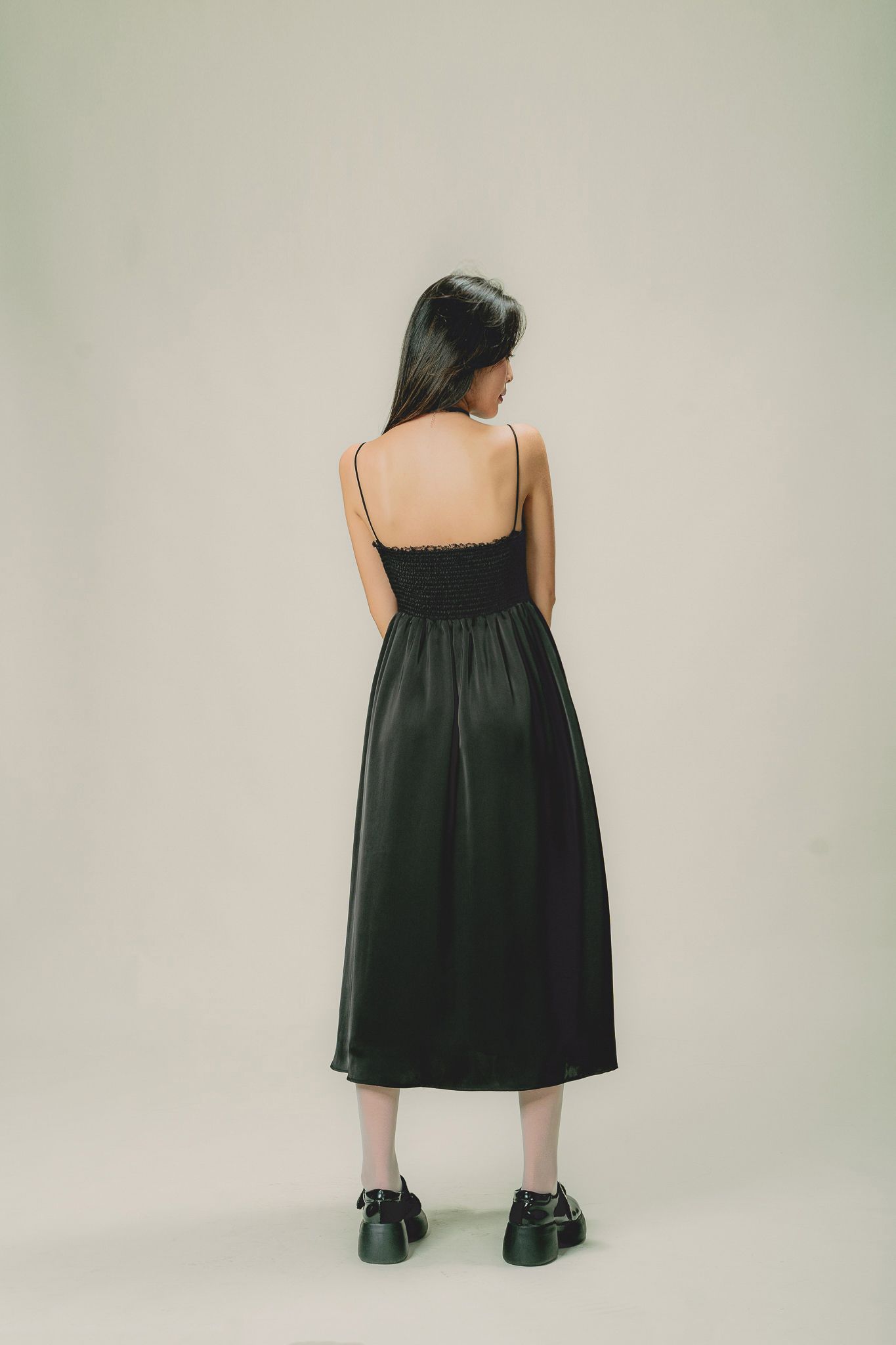  Black Silky Smock Midi Dress 