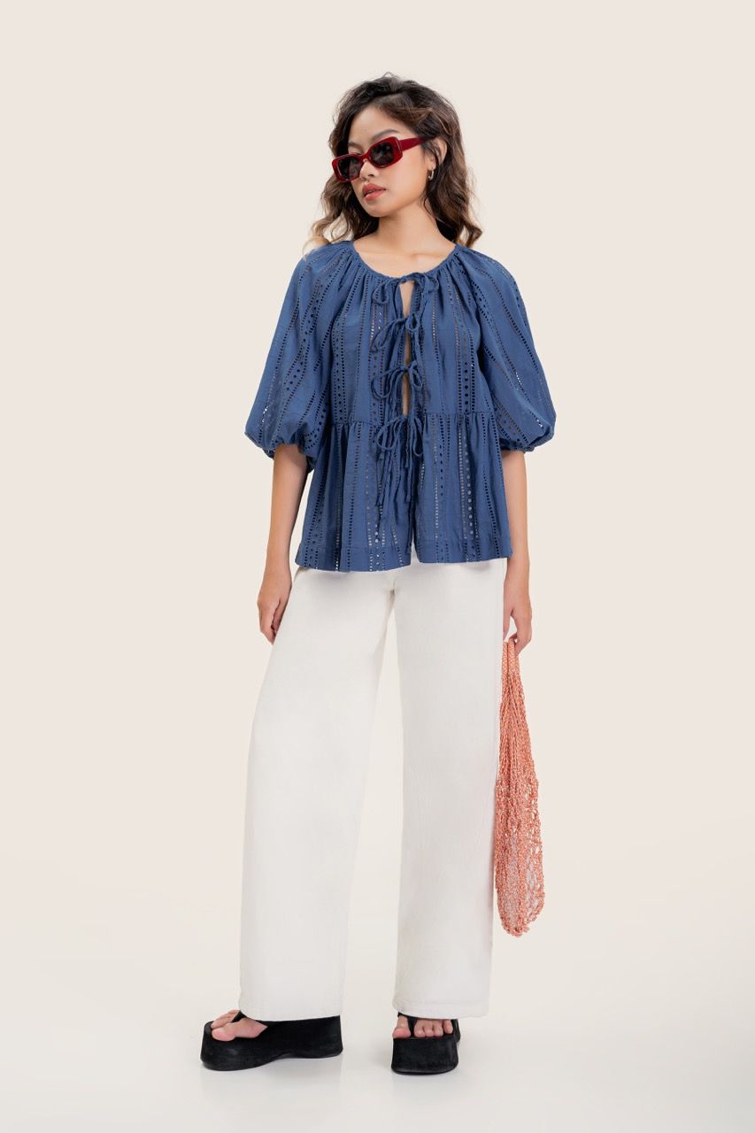  Blue Puff Sleeve Embroidered Top 