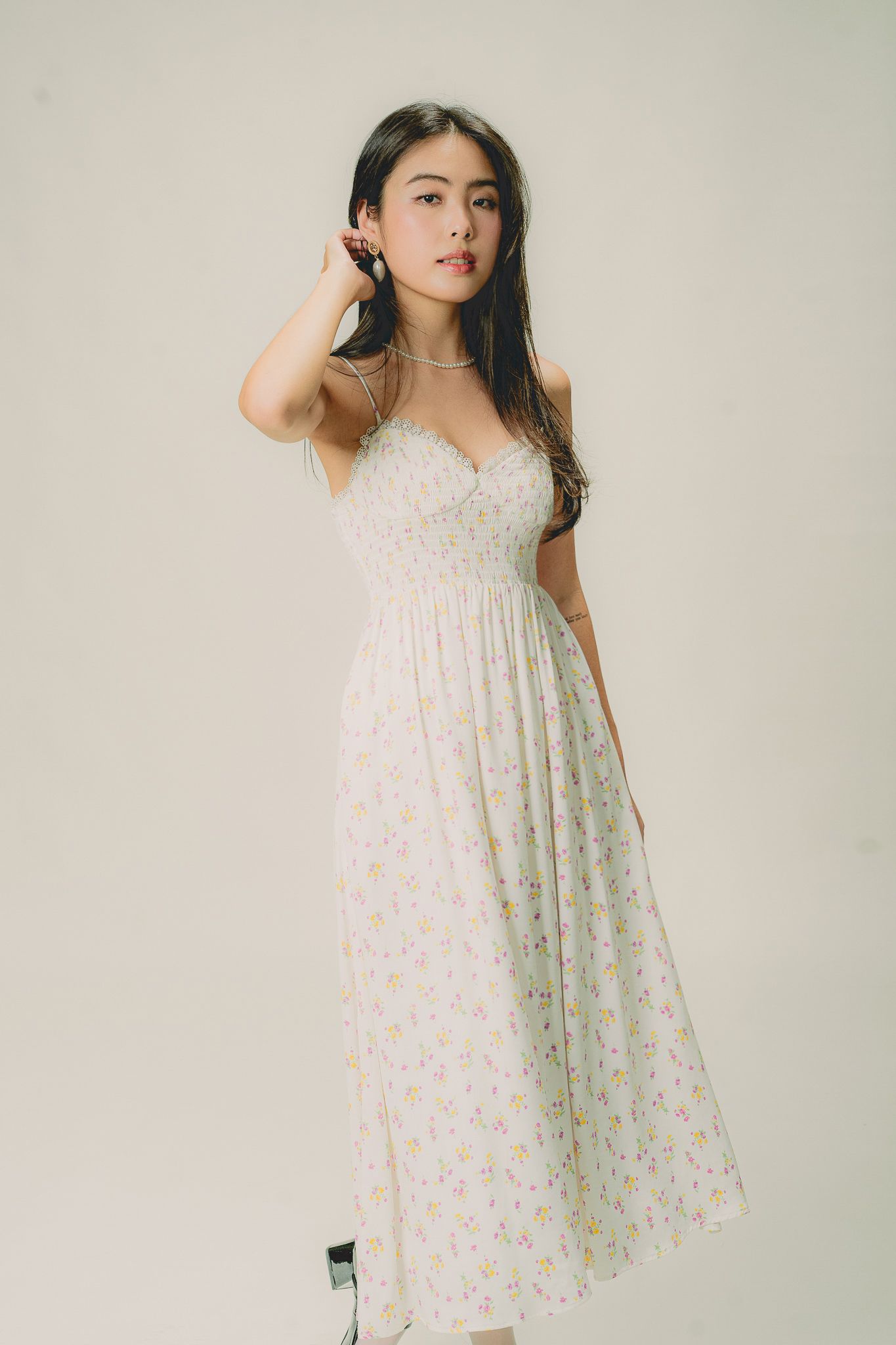  Floral Silky Smock Midi Dress 