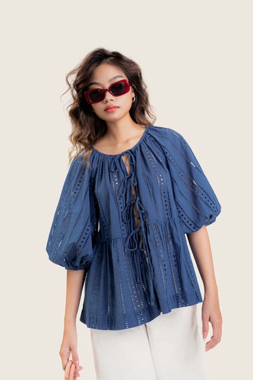  Blue Puff Sleeve Embroidered Top 