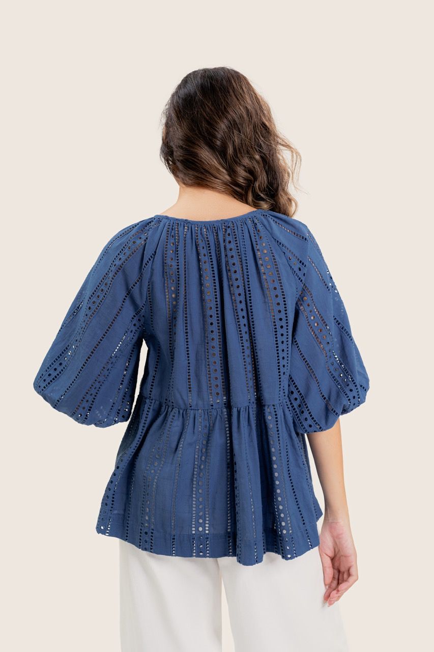  Blue Puff Sleeve Embroidered Top 