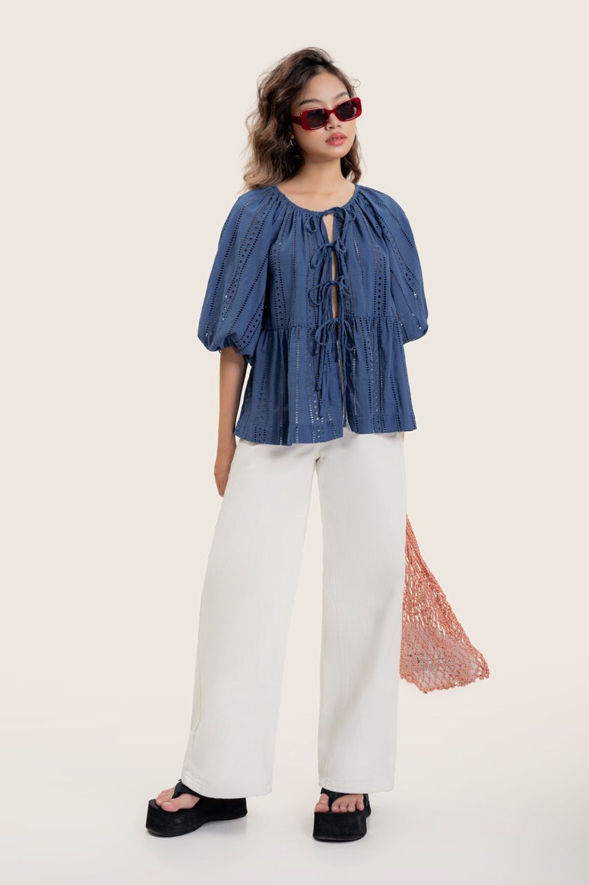  Blue Puff Sleeve Embroidered Top 