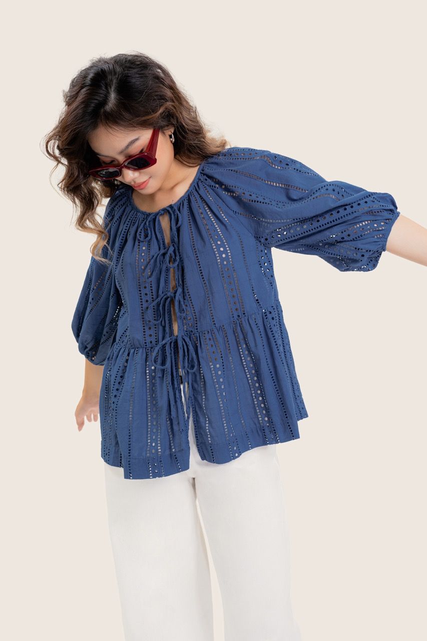  Blue Puff Sleeve Embroidered Top 