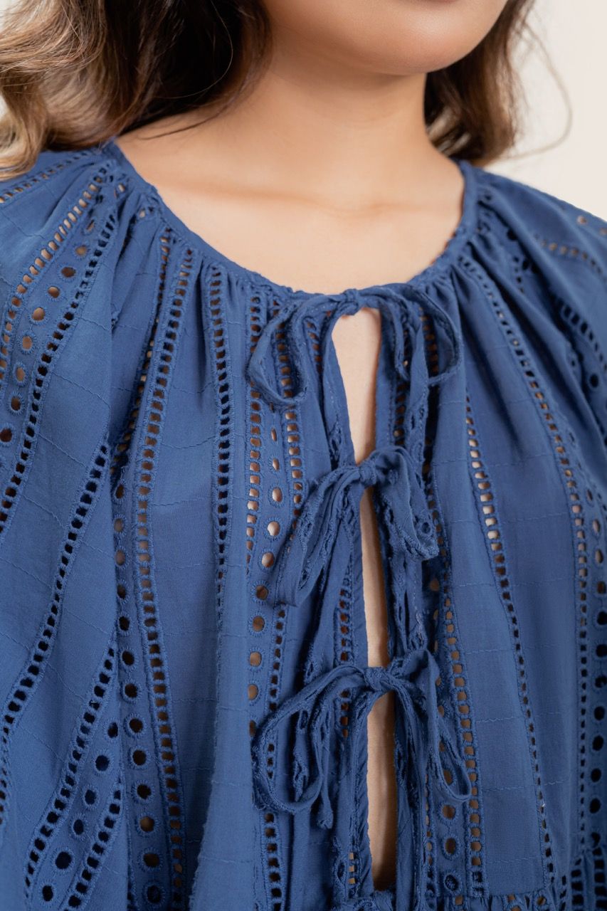  Blue Puff Sleeve Embroidered Top 