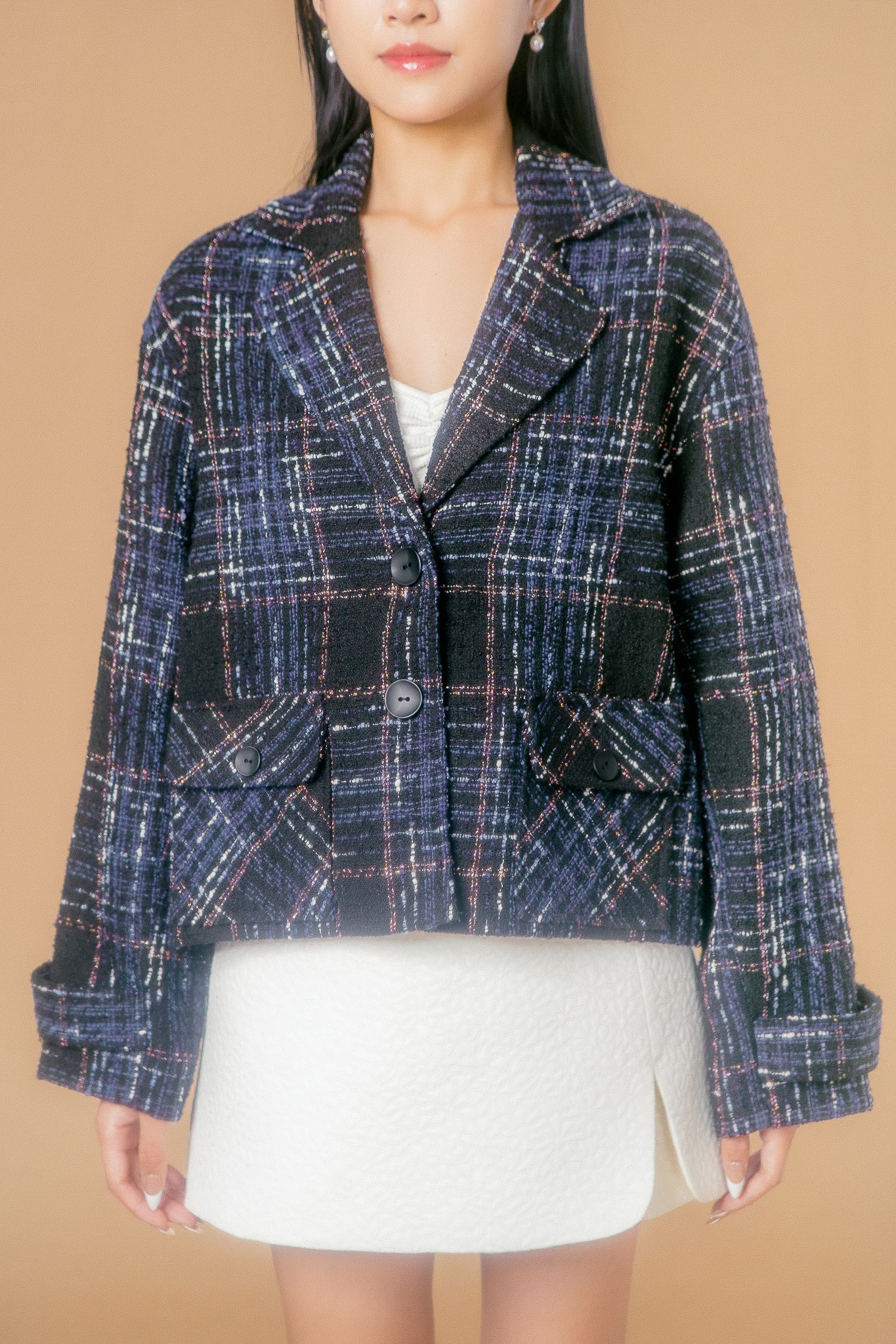  Navy Checked Tweed Boxy Jacket 