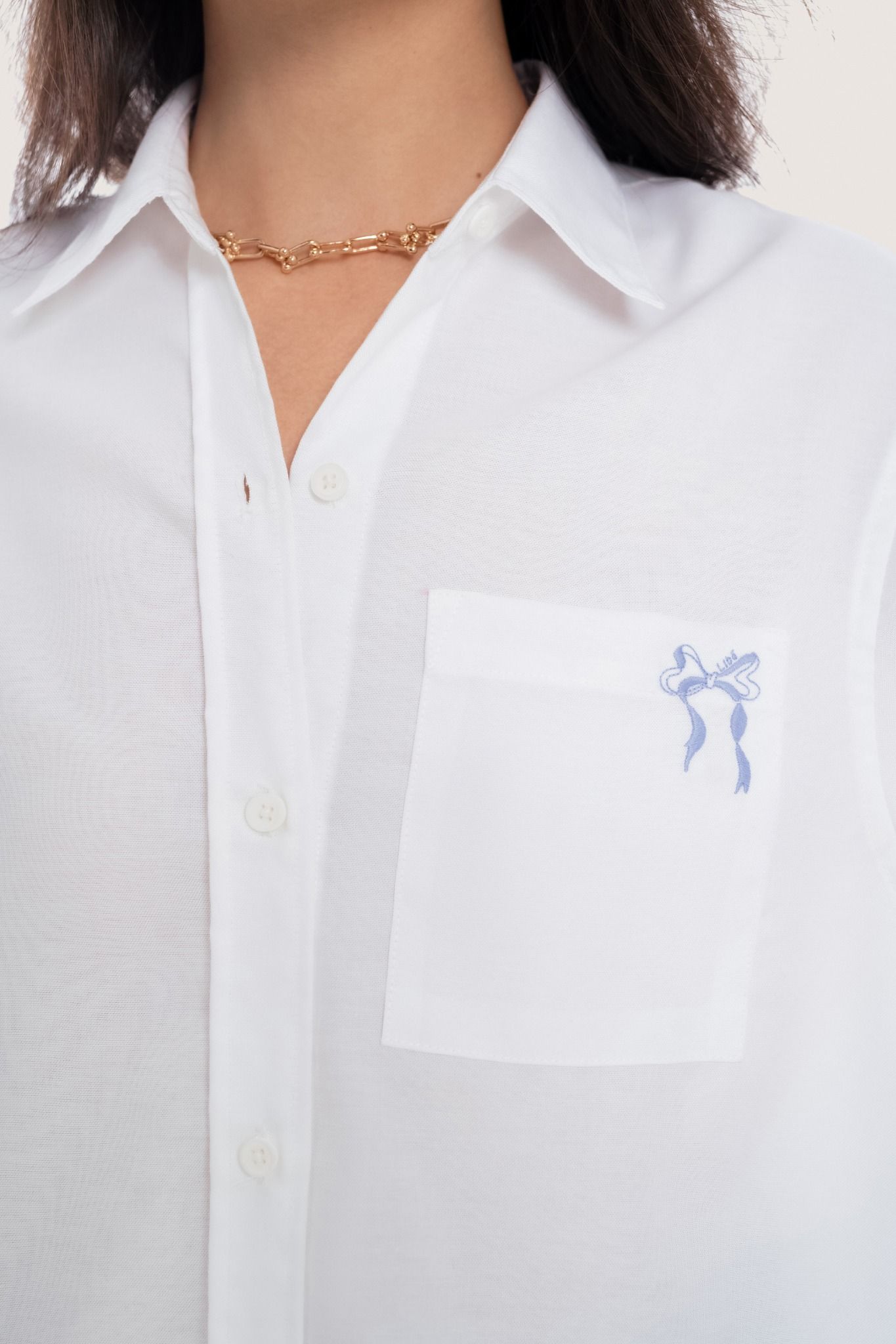  White Bow Embroidered Oversized Oxford Shirt 