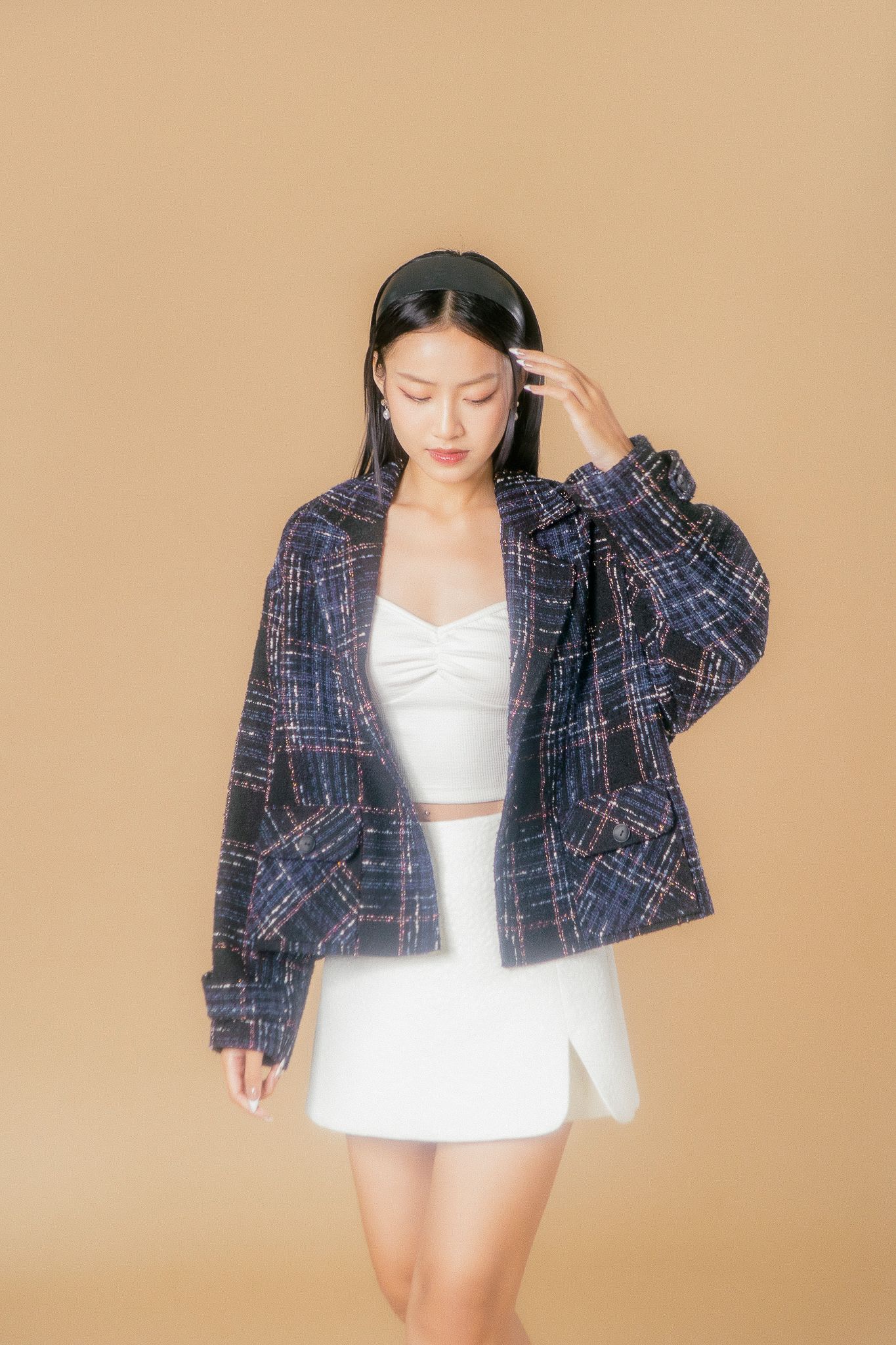  Navy Checked Tweed Boxy Jacket 