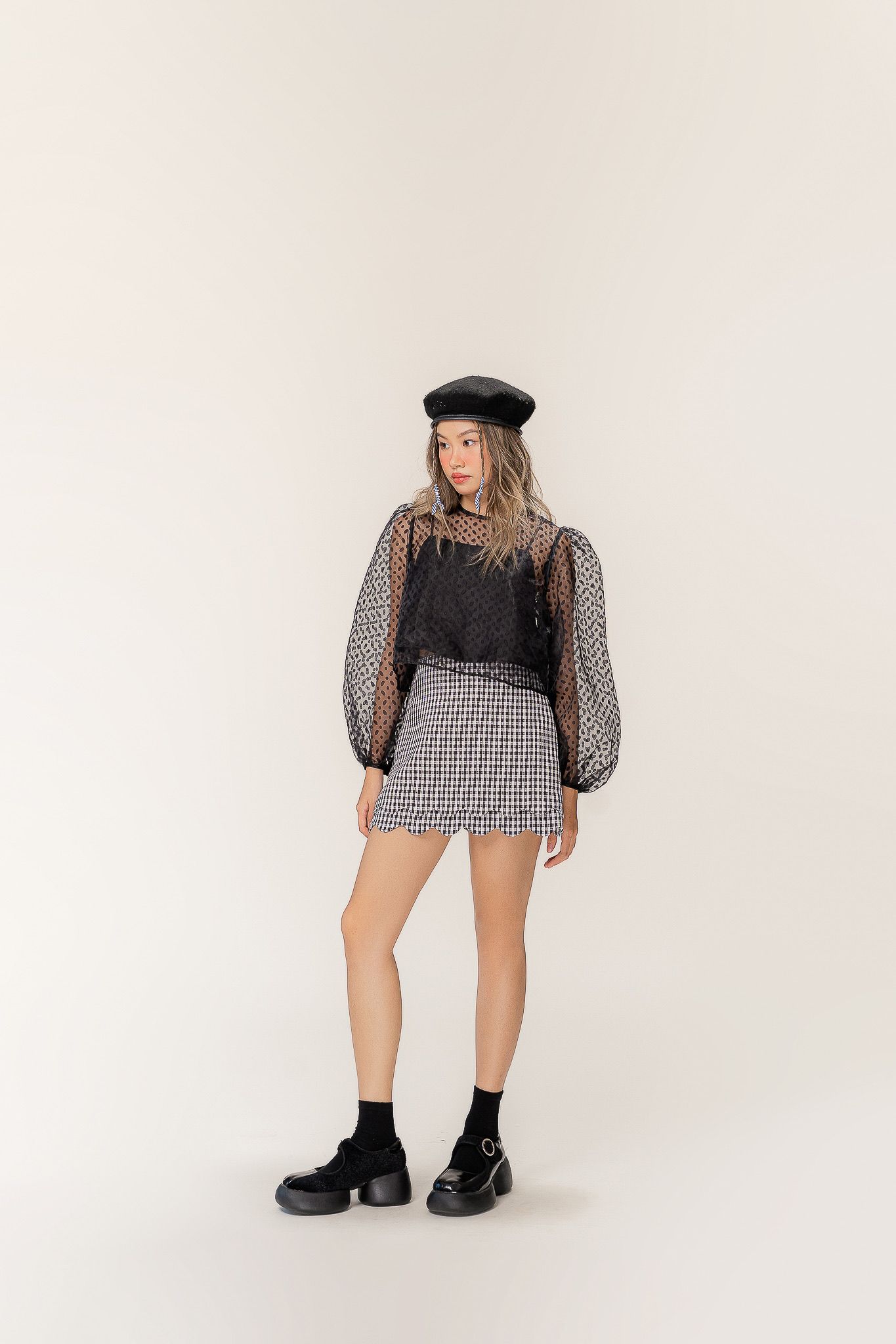  Black Checked Scallop Hem Mini Skirt 