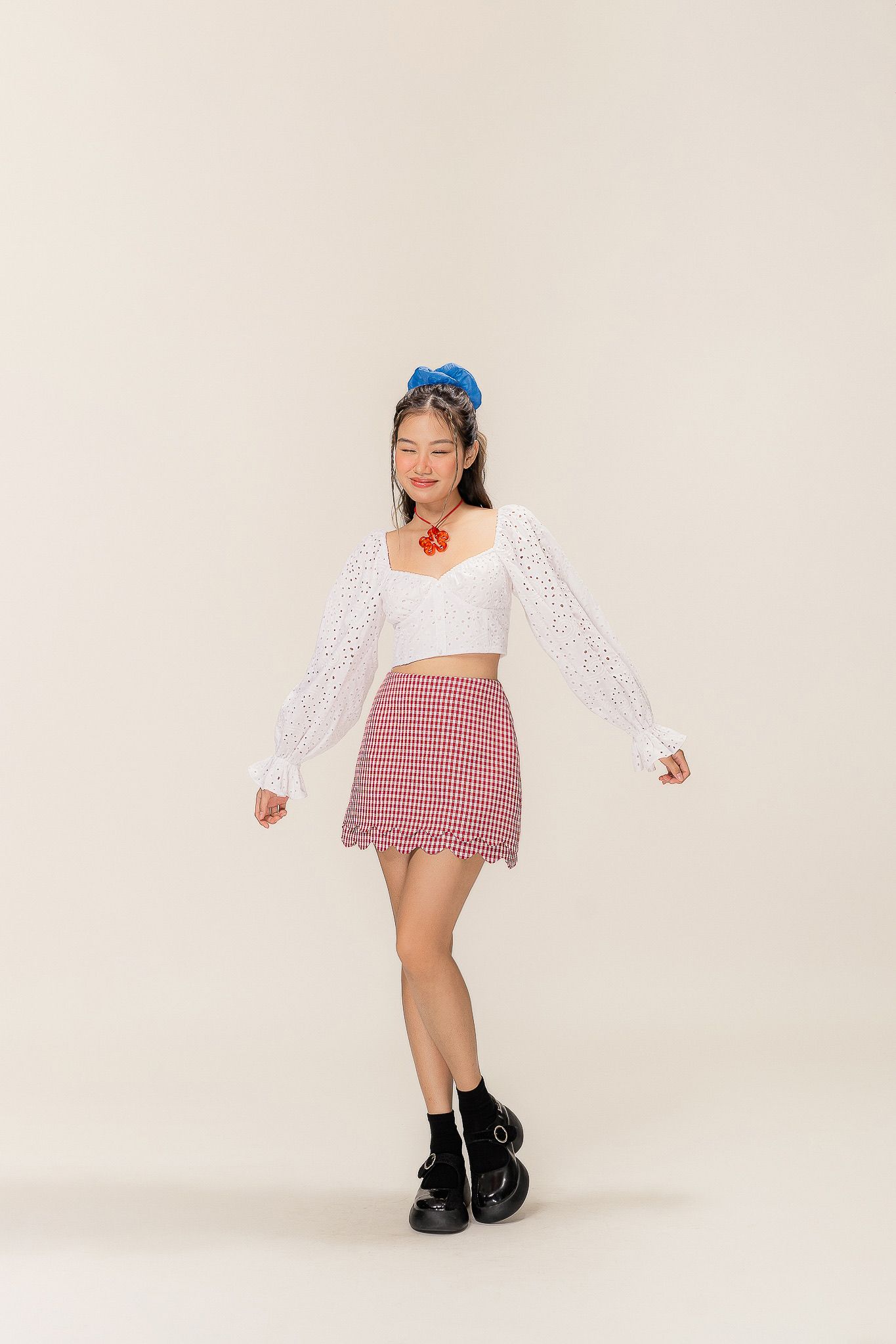  Red Checked Scallop Hem Mini Skirt 