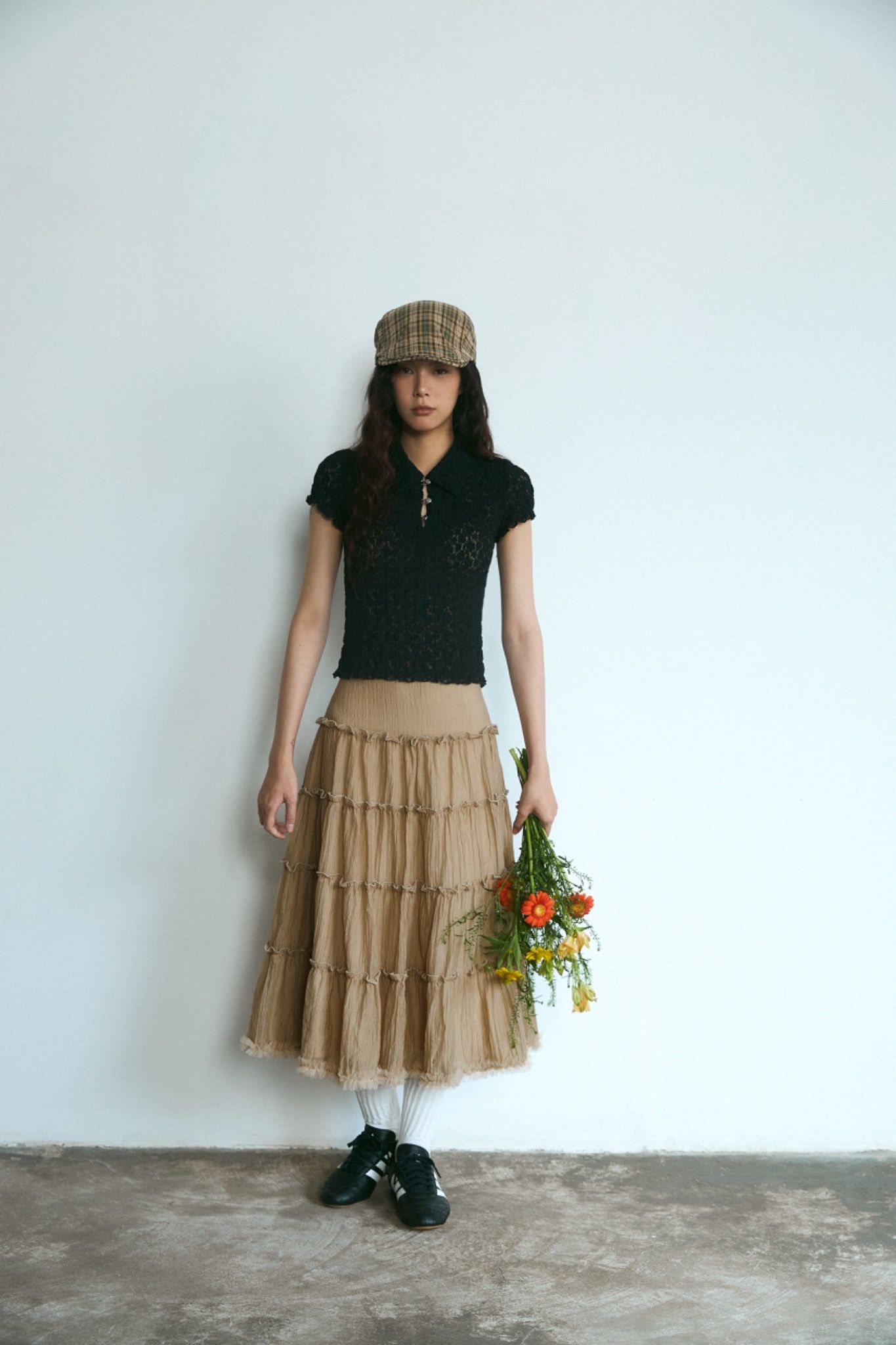  Cream Ruffle Midi Skirt 