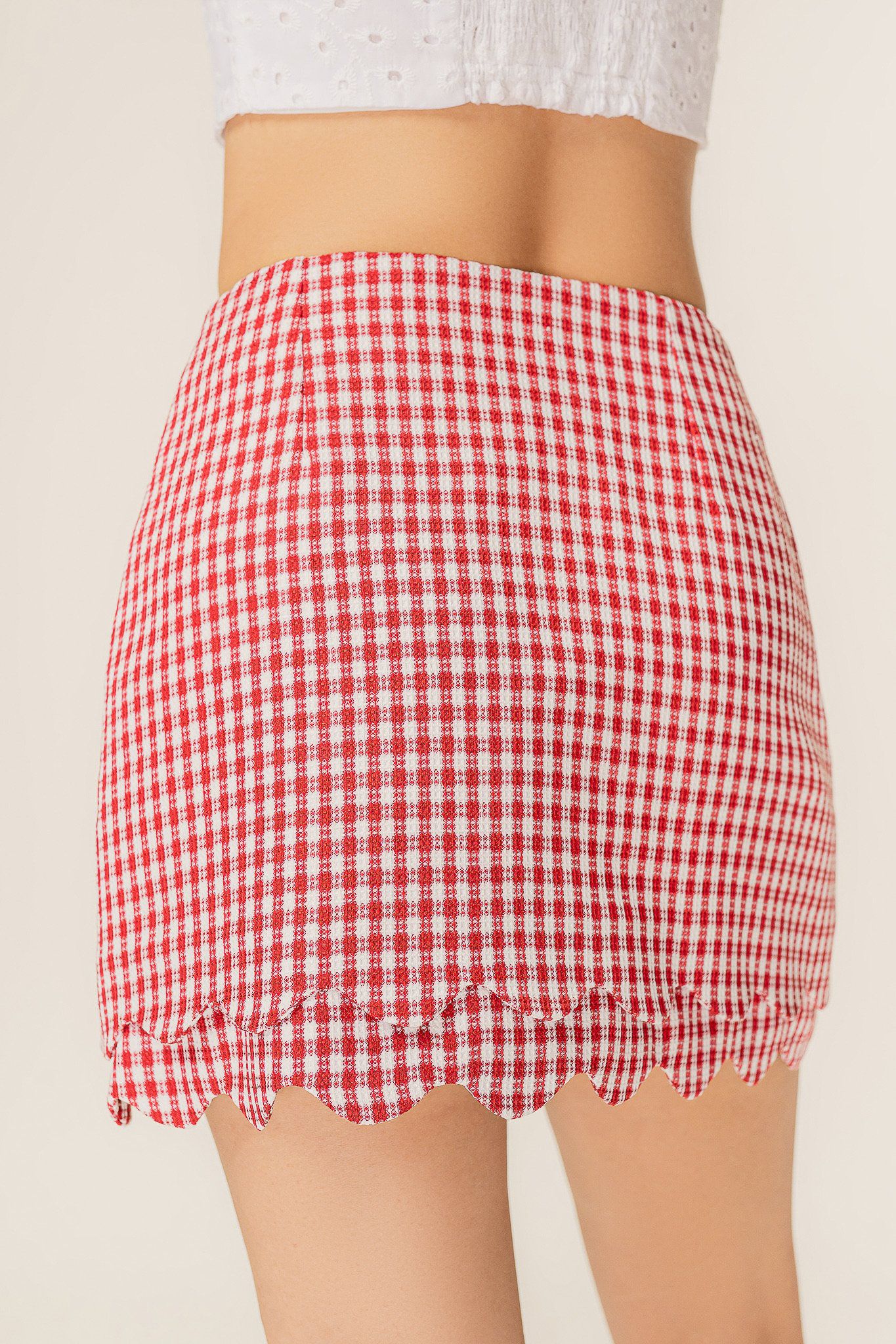  Red Checked Scallop Hem Mini Skirt 