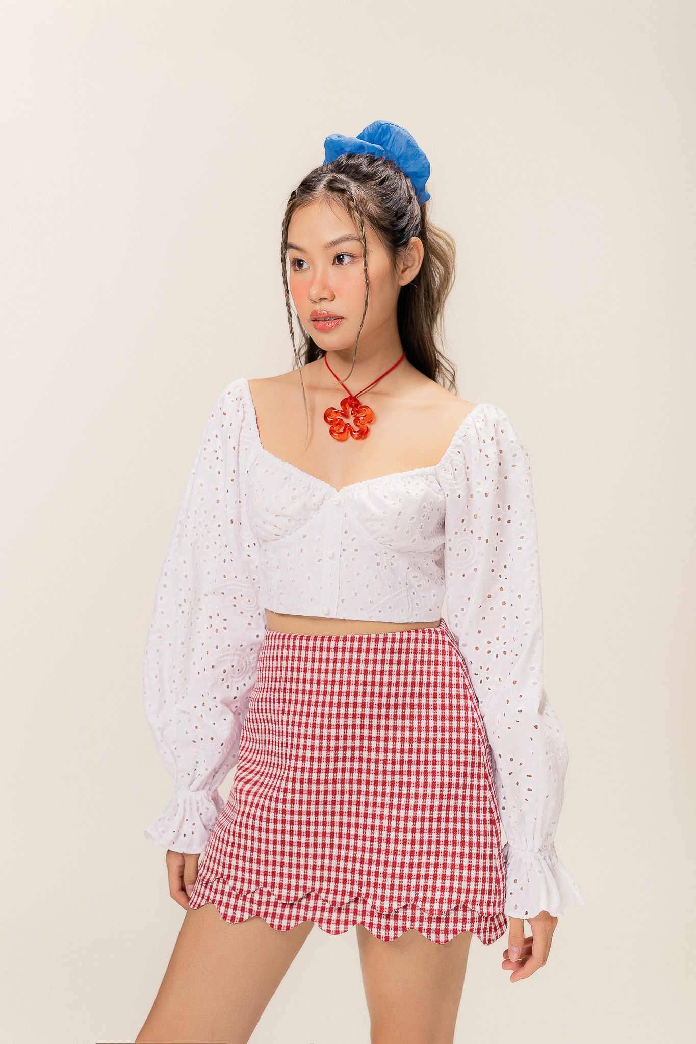  Red Checked Scallop Hem Mini Skirt 