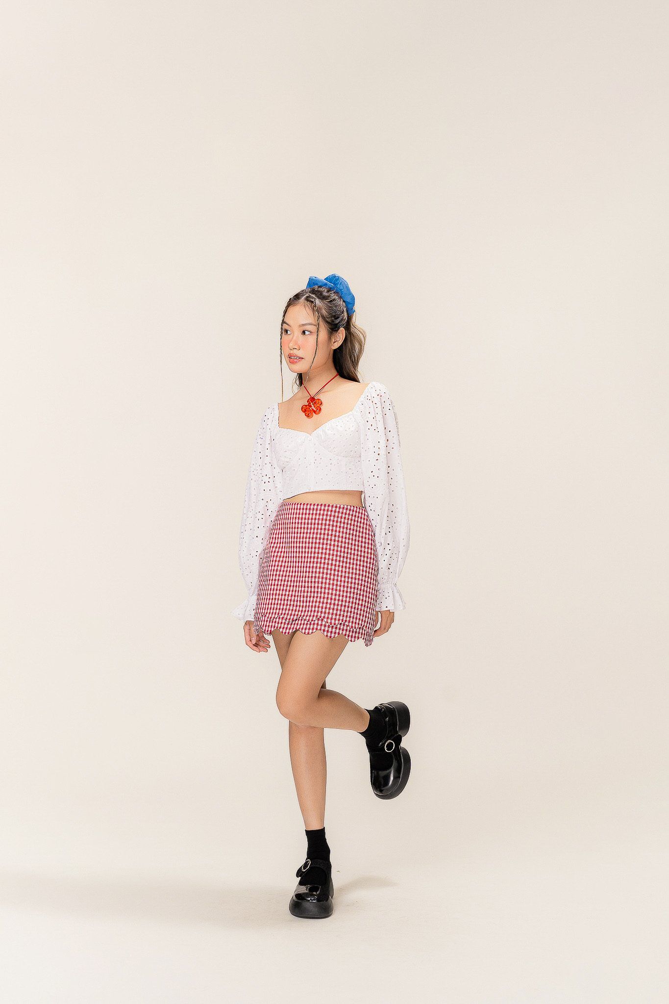  Red Checked Scallop Hem Mini Skirt 