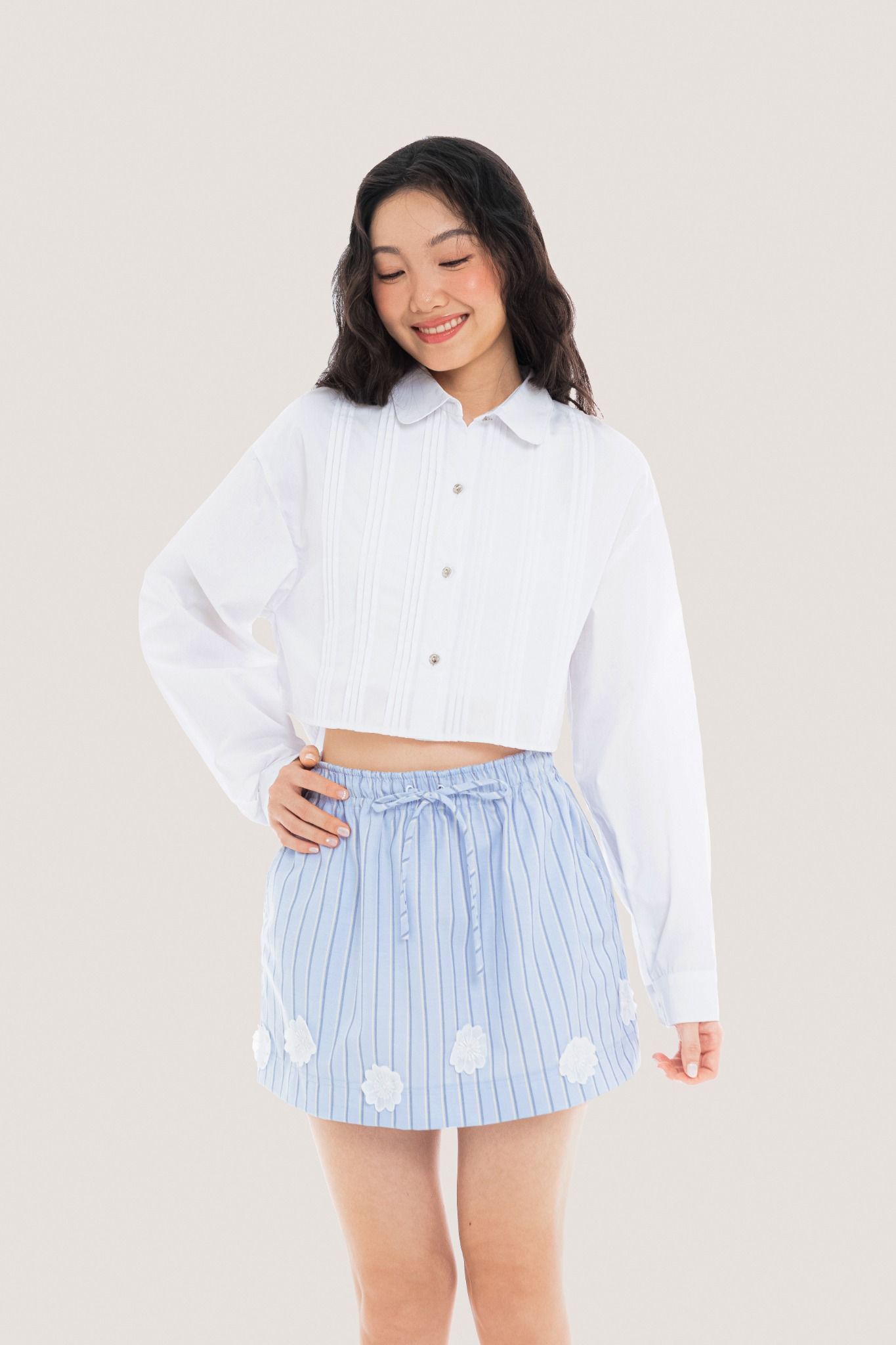  White Pleated Crop Shirt 