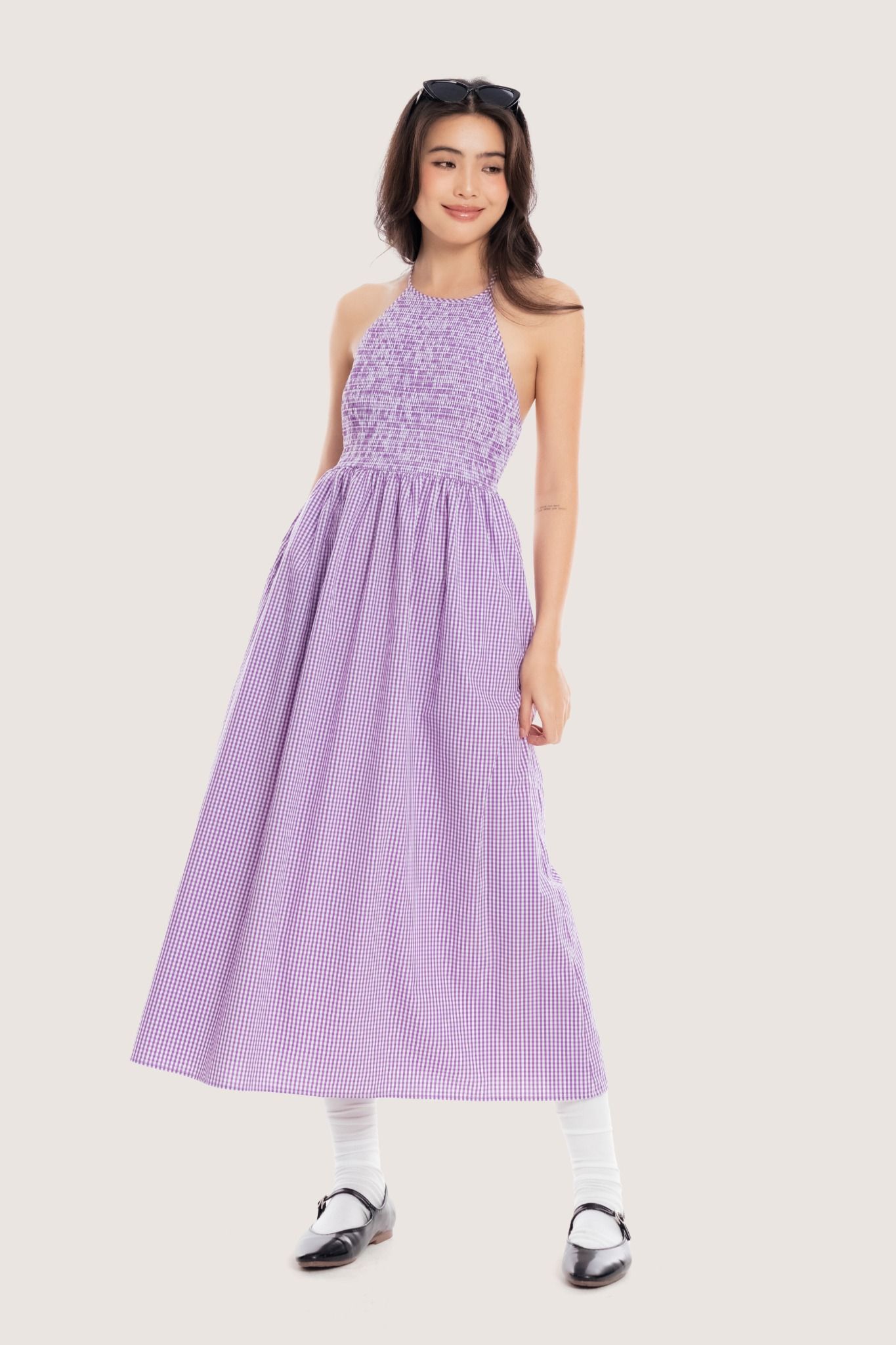  Purple Gingham Halter Neck Midi Dress 