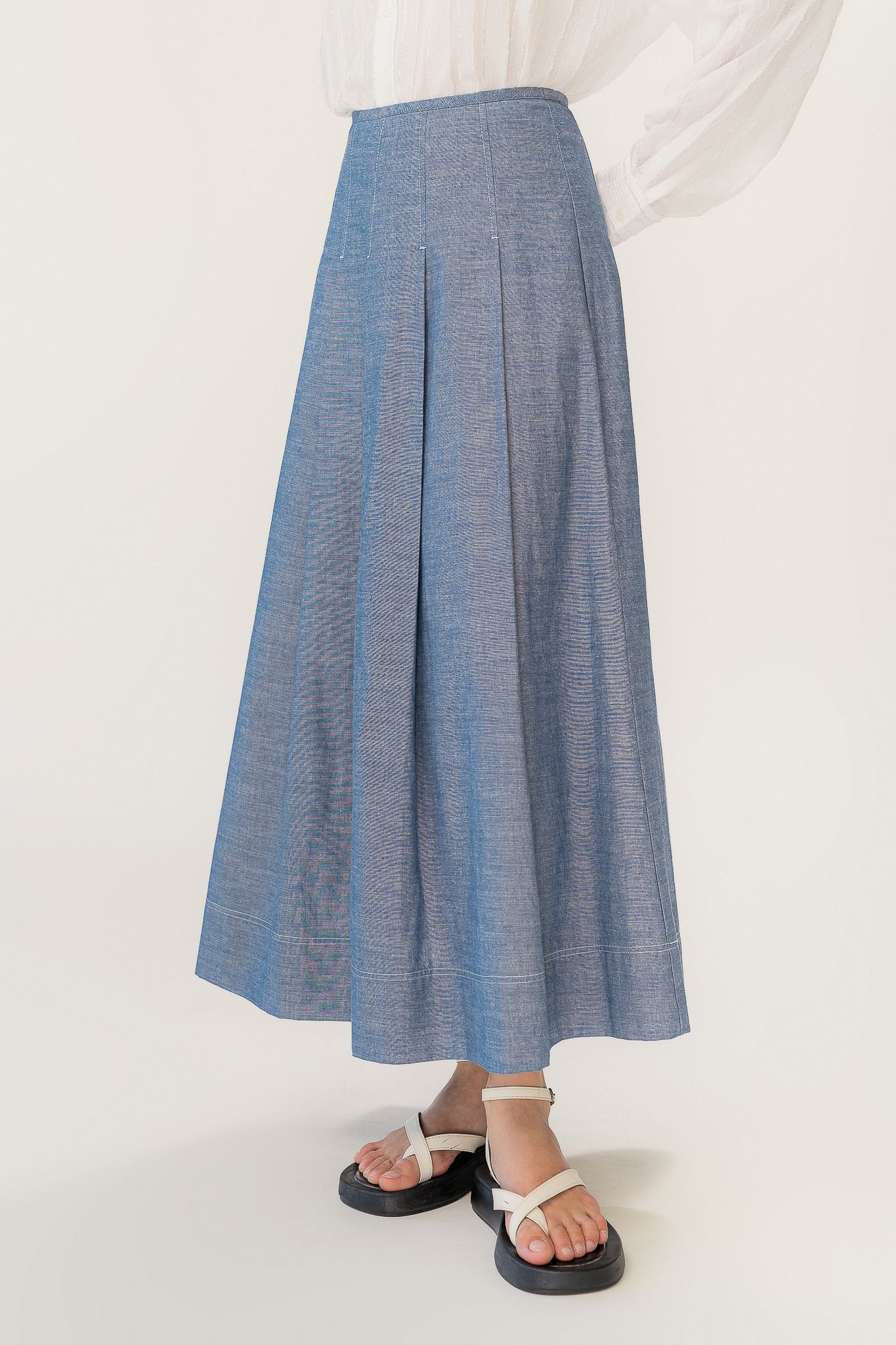  Blue Pleated Soft Denim Maxi Skirt 