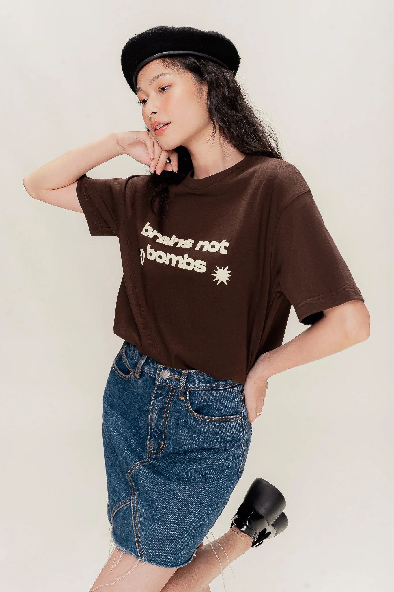  brains not bombs  in Brown Oversized T-shirt 