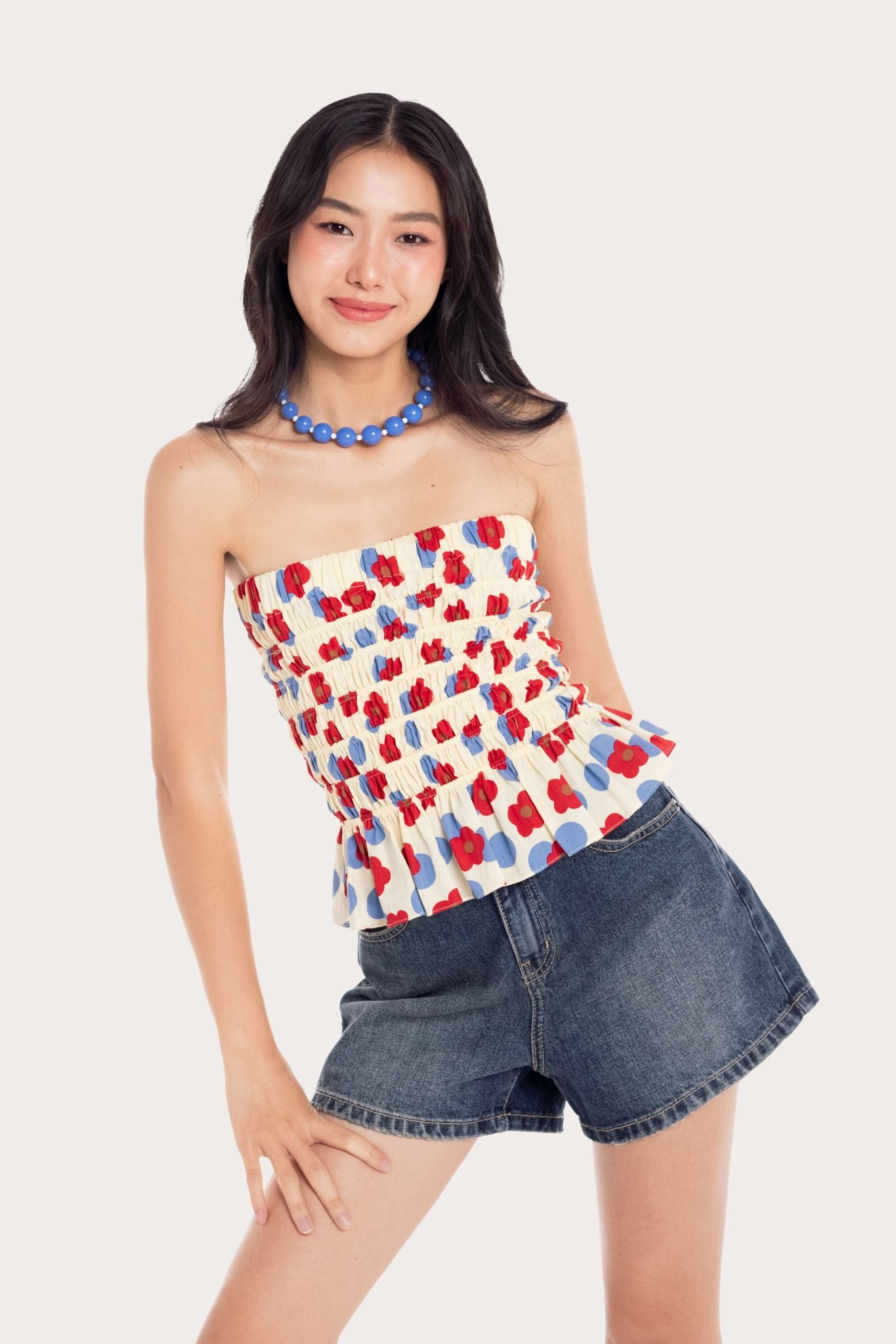  Scarlet Blue Floral Smock Tube Top 