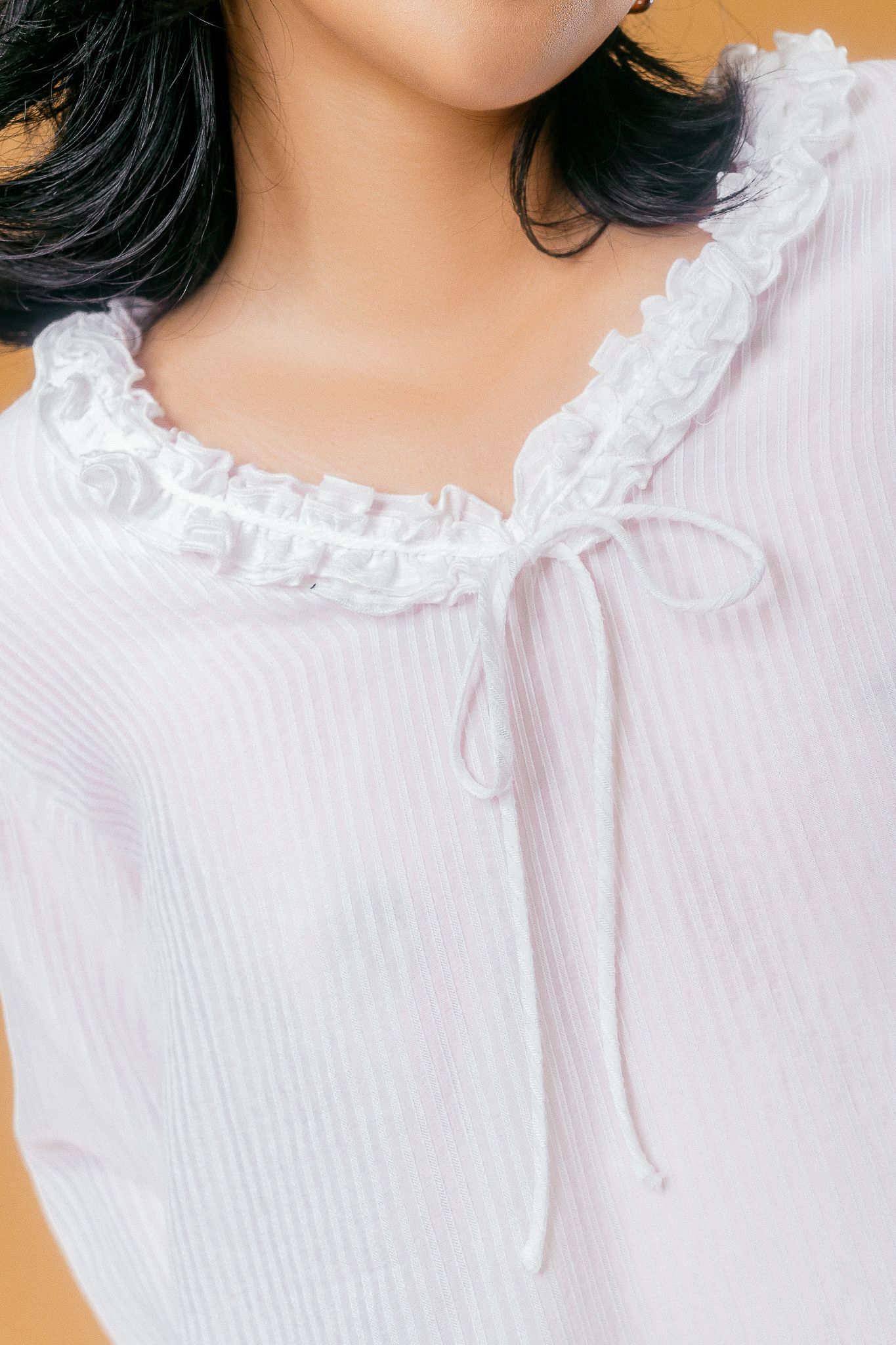  White Striped Texture Ruffle Top 